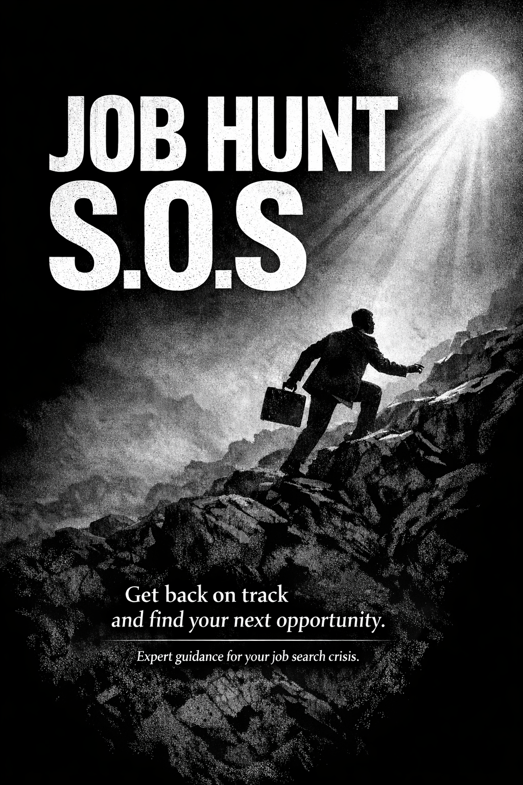 A person in business attire climbing rocky terrain with a briefcase in hand, illuminated by a bright light and rays in the background, with overlay text reading 'Job Hunt S.O.S' and a message about guidance for job searching.