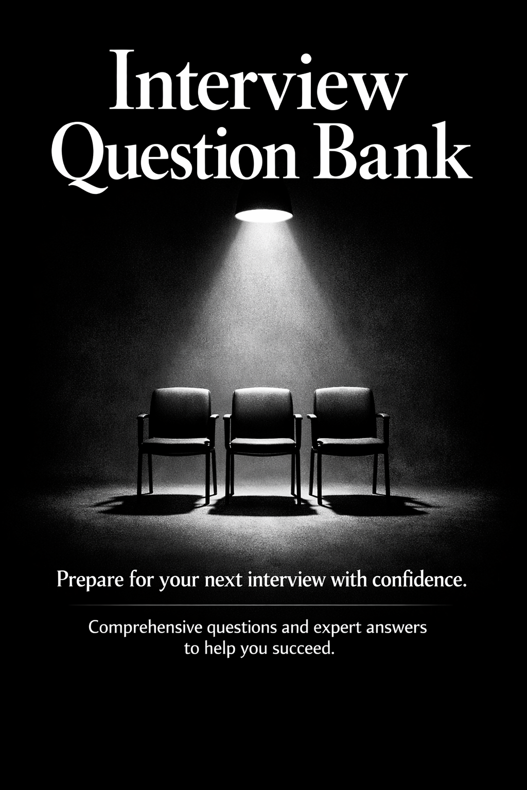 Poster advertising an interview question bank with three chairs and a spotlight overhead, with text encouraging preparation for interviews.