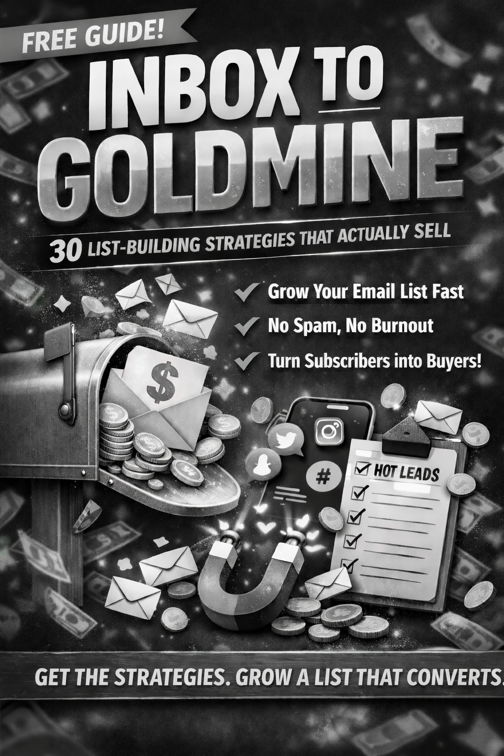 Promotional flyer for a free guide titled 'Inbox to Goldmine' with 30 list-building strategies. Features an illustration of mail, coins, social media icons, and a magnet attracting emails, emphasizing email list growth, avoiding spam, and converting subscribers into buyers.