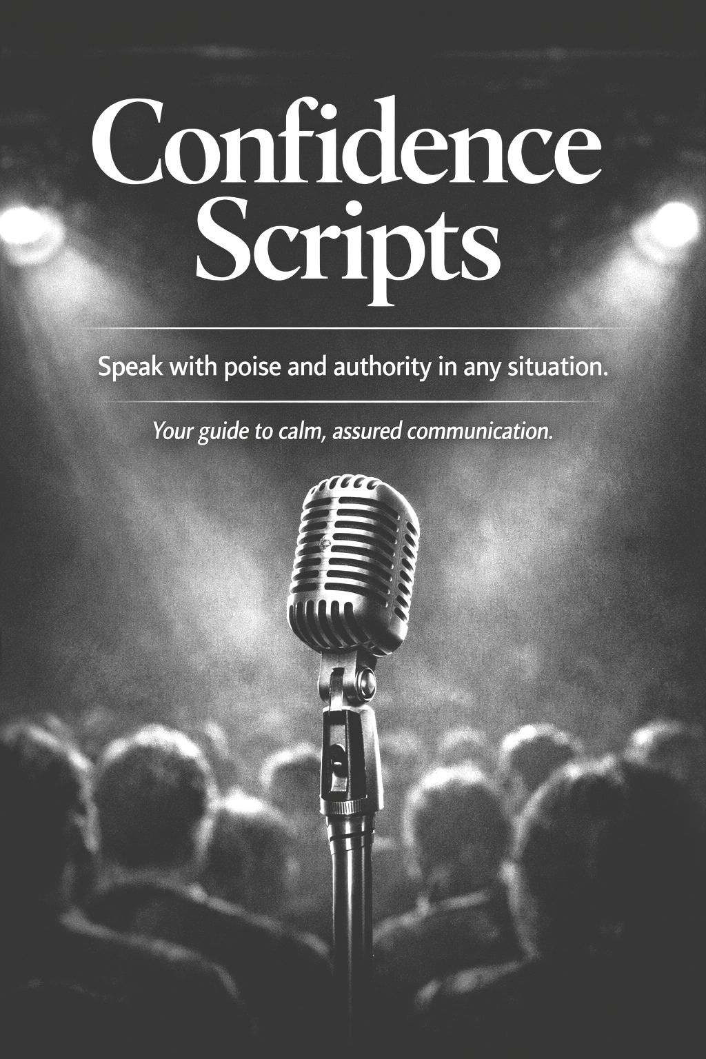 A book cover titled "Confidence Scripts" with a microphone and an audience in the background, emphasizing speaking with poise and authority.