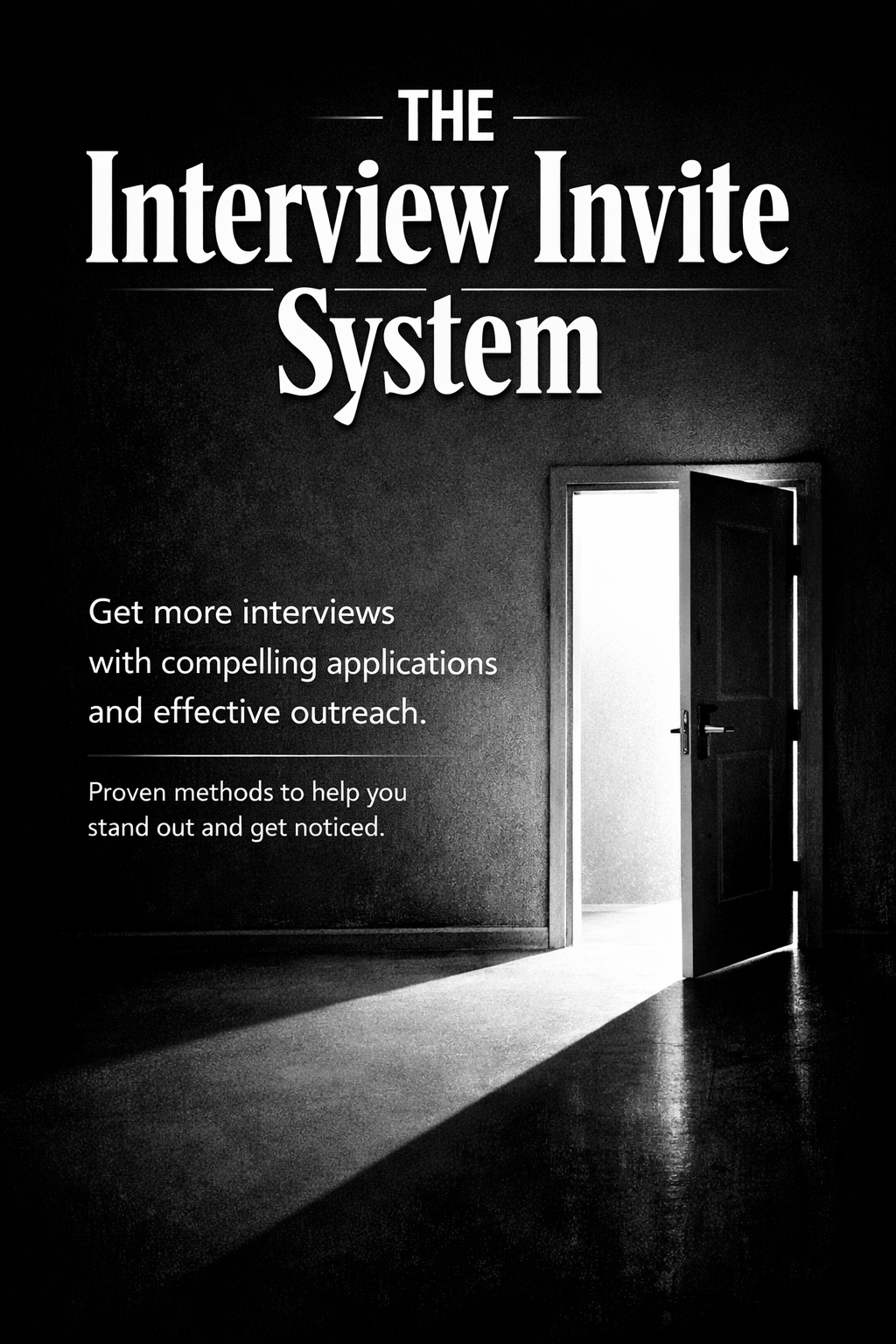 Black and white image featuring an open door with bright light shining through, with text promoting 'The Interview Invite System' for gaining more interviews through applications and outreach.