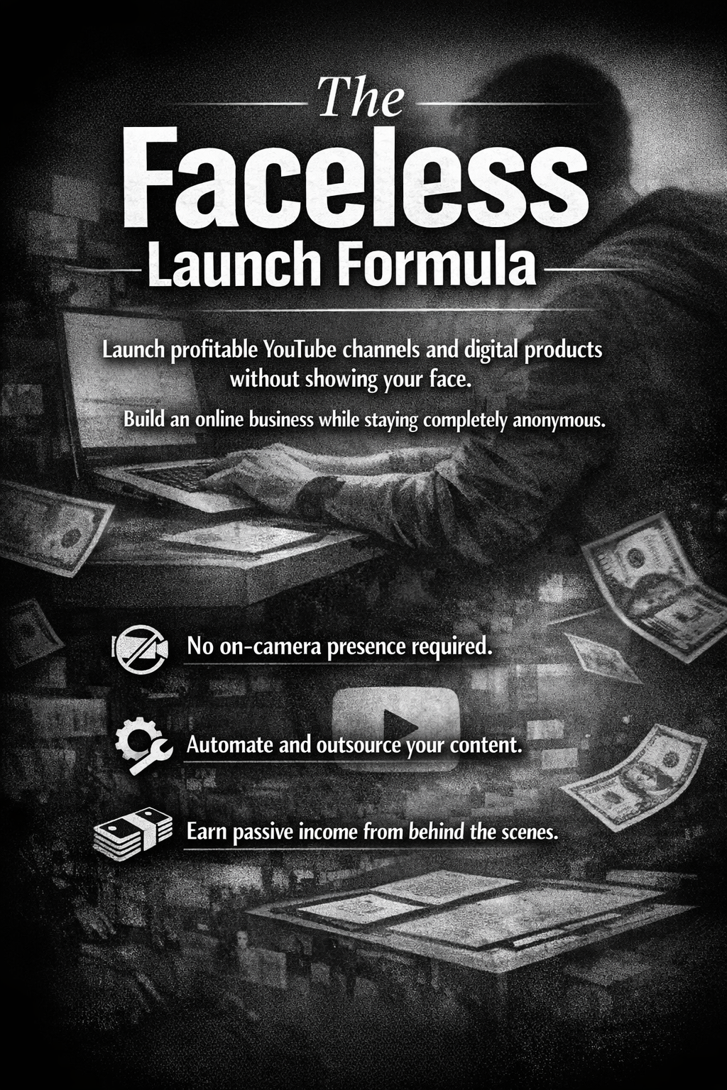 Black and white promotional flyer for The Faceless Launch Formula, advertising methods to launch profitable YouTube channels and digital products anonymously without showing your face, no on-camera presence required, automate content, and earn passive income.