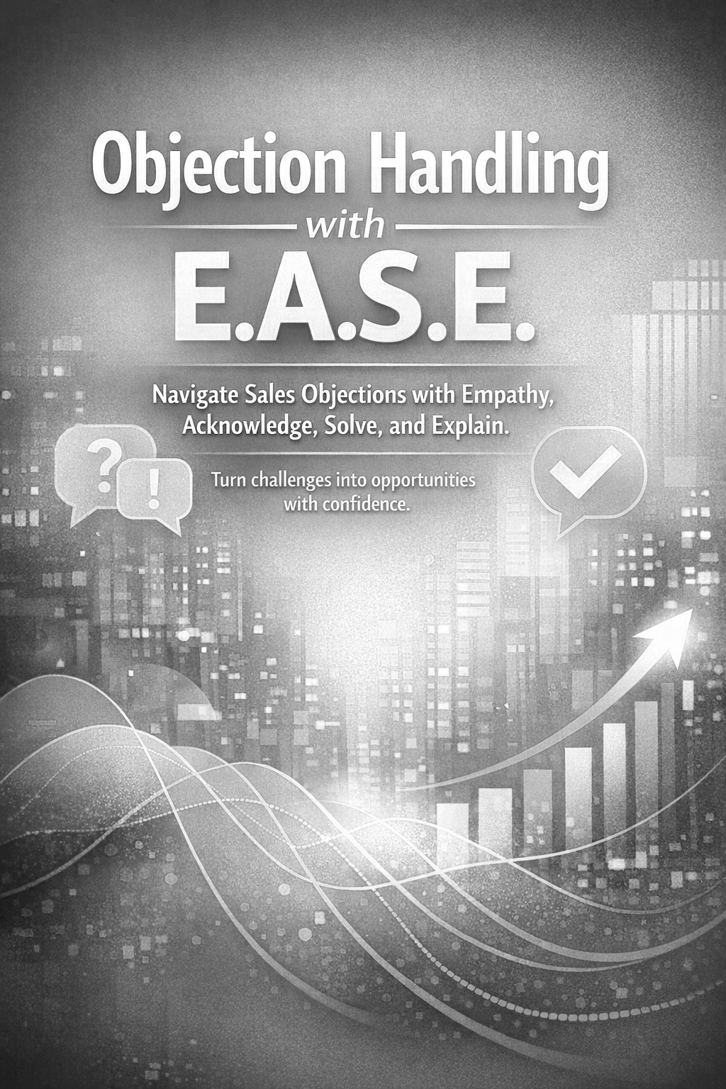 Black and white cover page for a book titled "Objection Handling with E.A.S.E." featuring subtitle "Navigate Sales Objections with Empathy, Acknowledge, Solve, and Explain." with icons representing questions and checkmarks, and an upward trending arrow against a cityscape background.