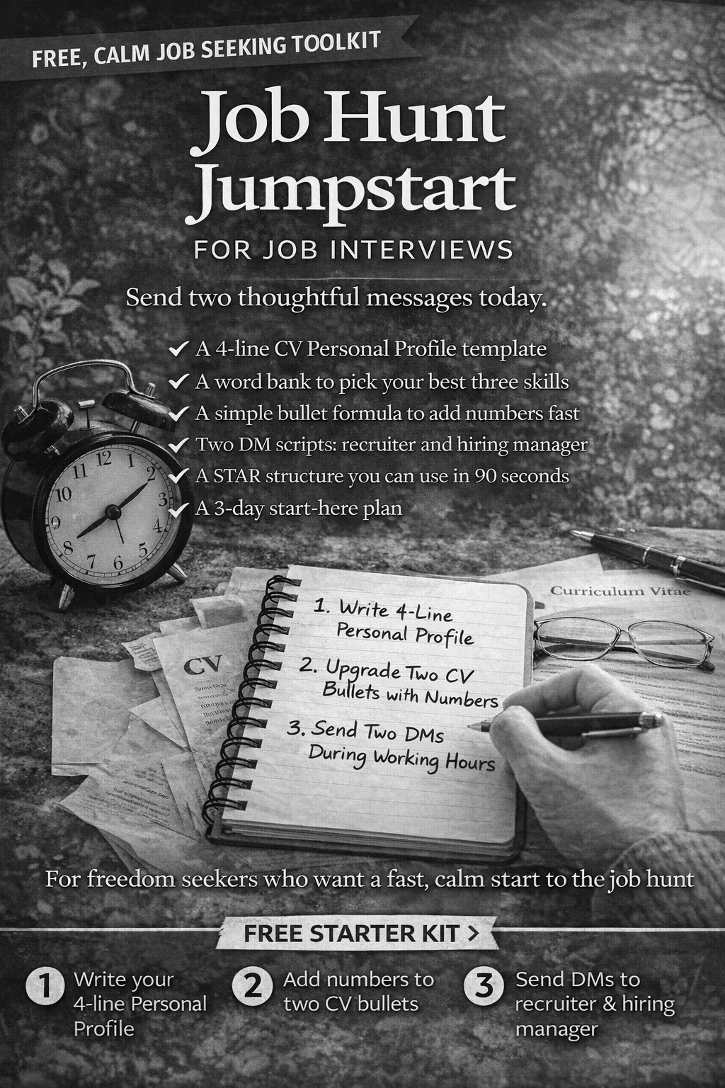 A promotional flyer for a free job hunting toolkit, featuring a clock, documents, a notebook, and a pen. The flyer lists steps for sending two thoughtful messages for job interviews, including a 4-line CV, upgrading CV bullets, and sending DMs to recruiters and hiring managers.