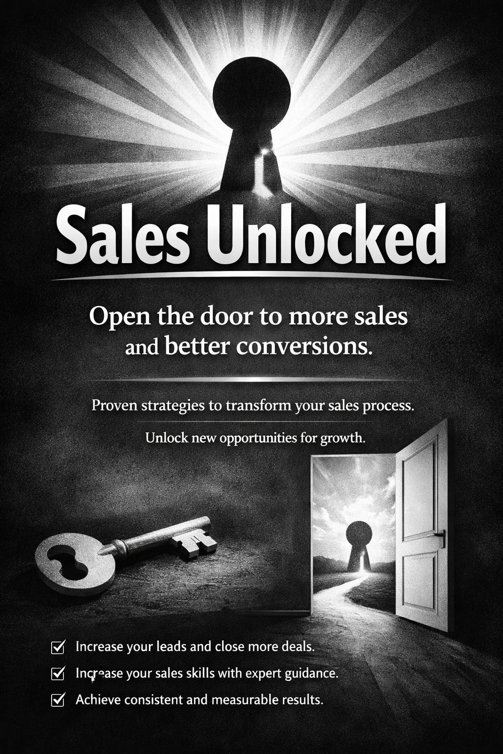Black and white advertisement with a keyhole at the top center and an open door at the bottom right, revealing a path leading to a bright light and a key in the bottom left. Text reads 'Sales Unlocked' with a tagline about opening the door to more sales and better conversions, and additional points about increasing leads, sales skills, and achieving results.