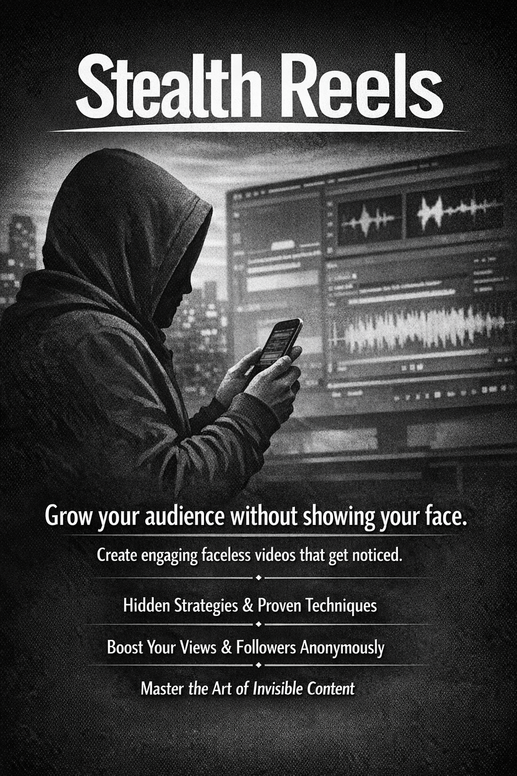 A person in a hoodie looking at a smartphone with video editing software on a computer screen in the background. The image promotes growing an audience with faceless videos, featuring text about hidden strategies and techniques to increase views and followers anonymously.