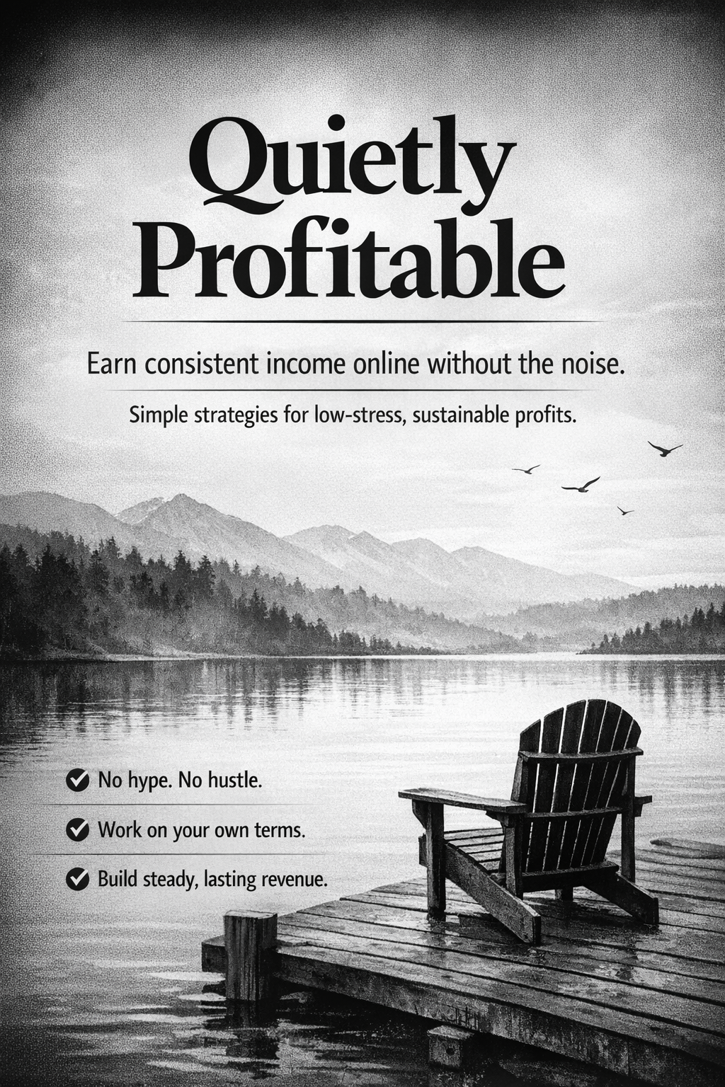 A black and white outdoor scene with a wooden dock extending into a calm lake surrounded by mountains and trees, with a single Adirondack chair on the dock facing the water, and a few birds flying in the sky.