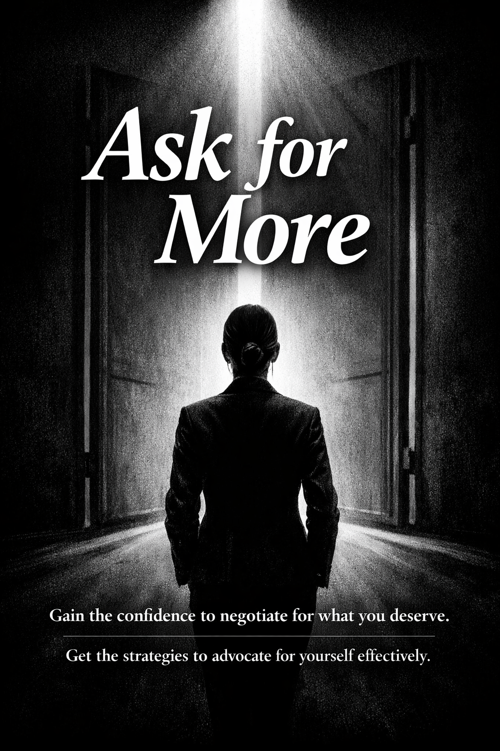 A black and white image of a woman in a business suit walking into an open door, with the words "Ask for More" overlaid at the top. The text below reads: "Gain the confidence to negotiate for what you deserve. Get the strategies to advocate for yourself effectively."