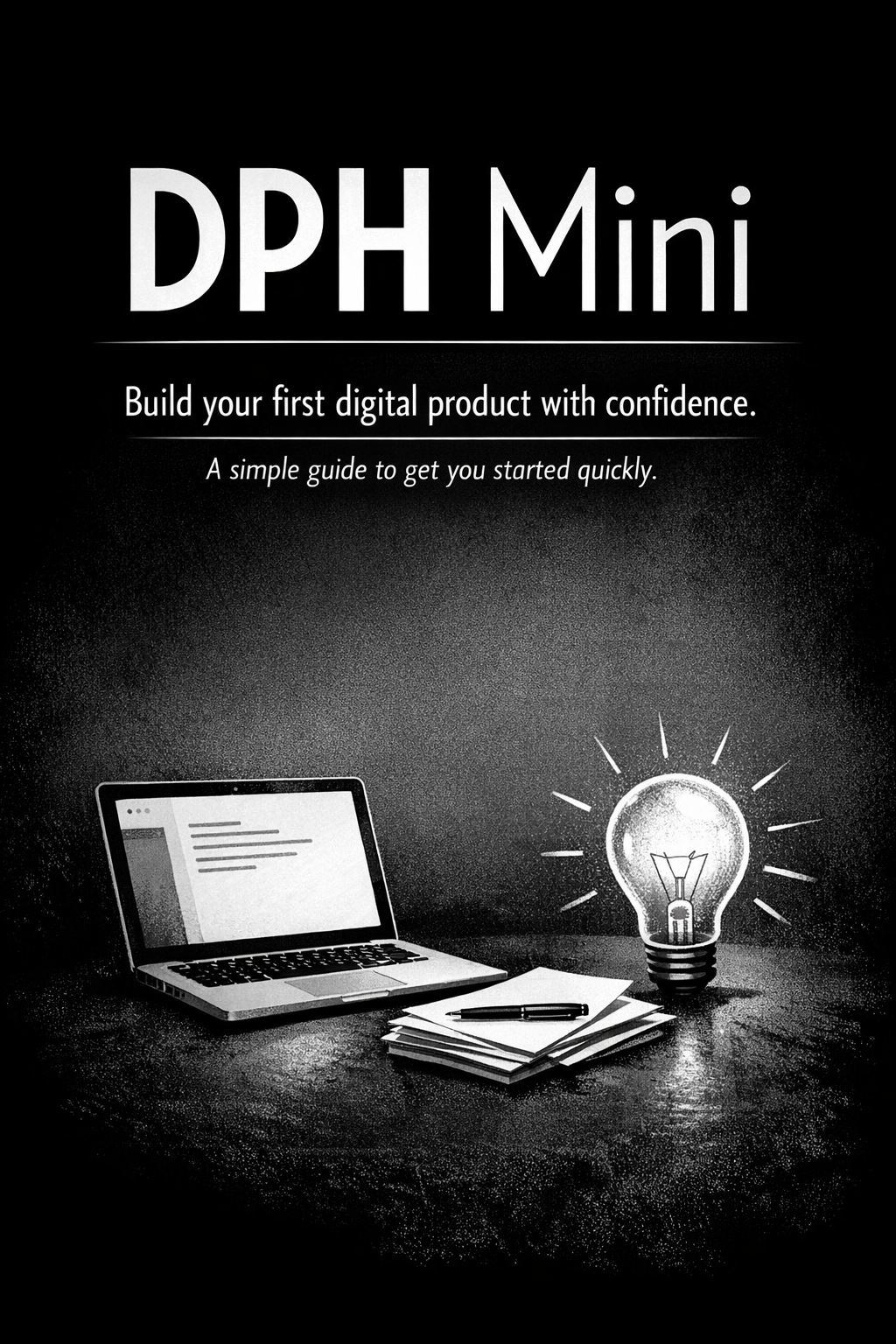 A guide cover titled 'DPH Mini' with a subtitle 'Build your first digital product with confidence' and a description 'A simple guide to get you started quickly.' The cover features a laptop, a stack of papers with a pen, and a glowing light bulb on a dark textured background.