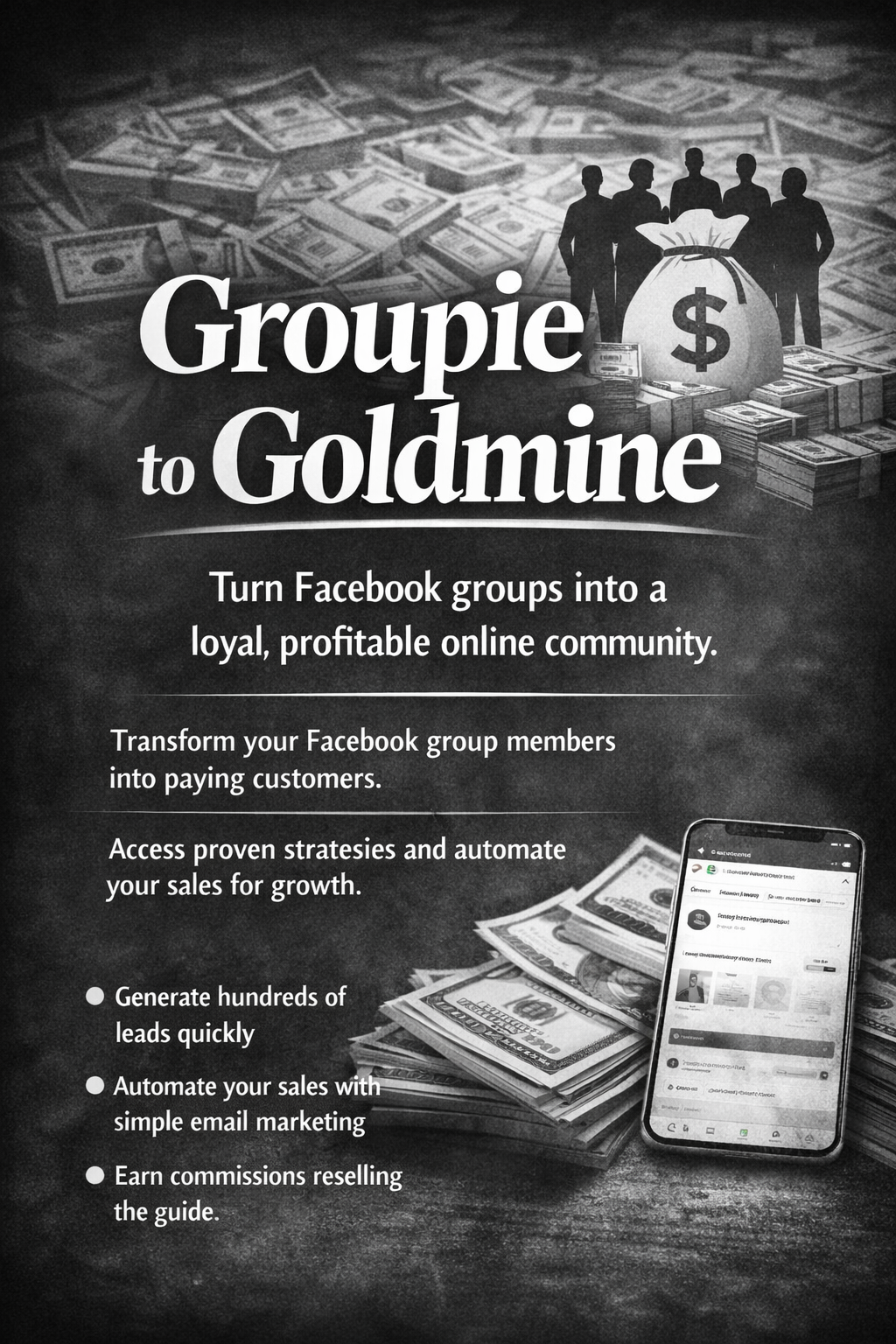 A promotional graphic with stacks of hundred-dollar bills and silhouettes of five people in front of a large bag of money, featuring the text 'Groupie to Goldmine' and tips for turning Facebook groups into a profitable online community.