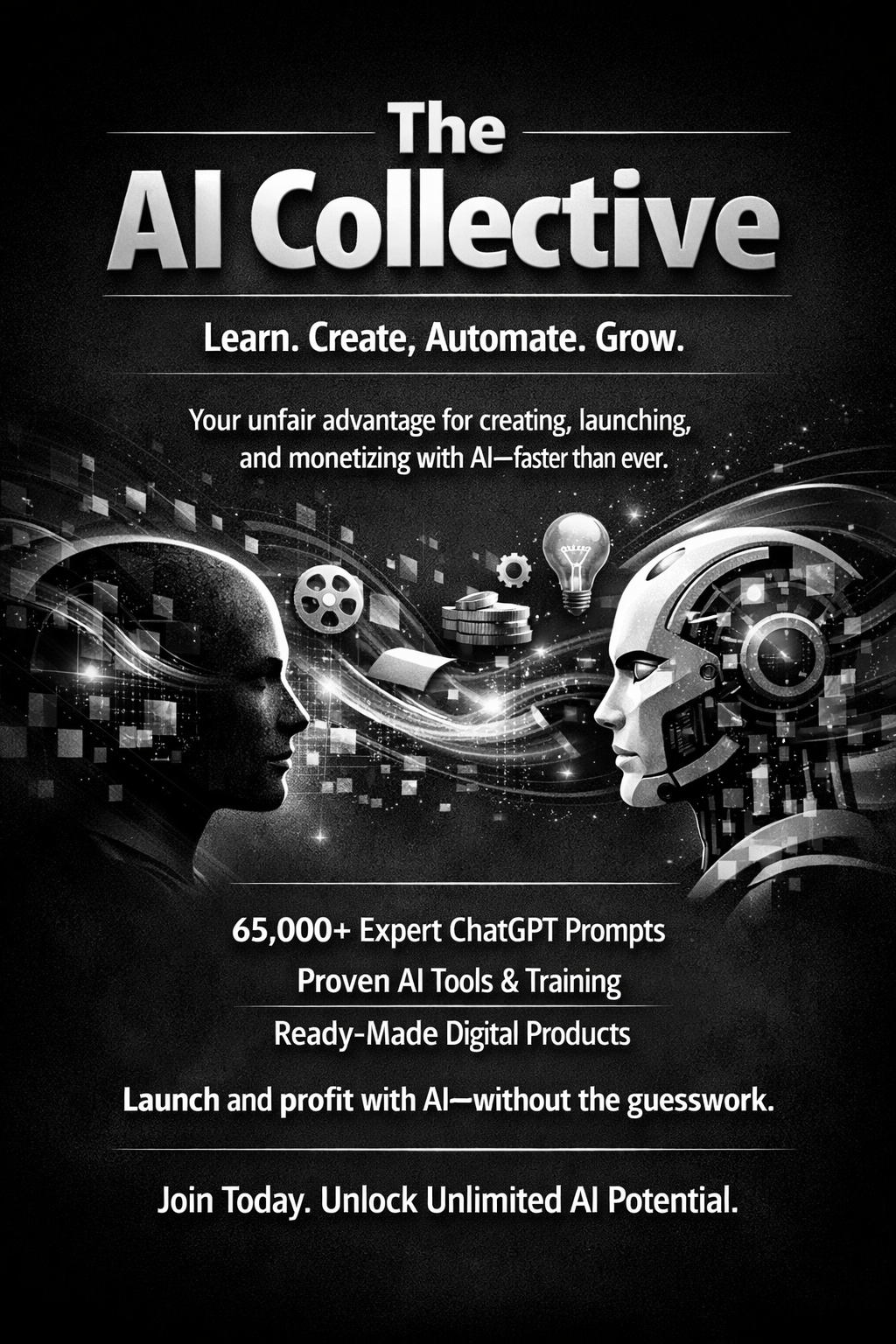 Black and white digital poster for The AI Collective, featuring human and robot faces and AI-related icons, promoting AI tools, training, and digital products.