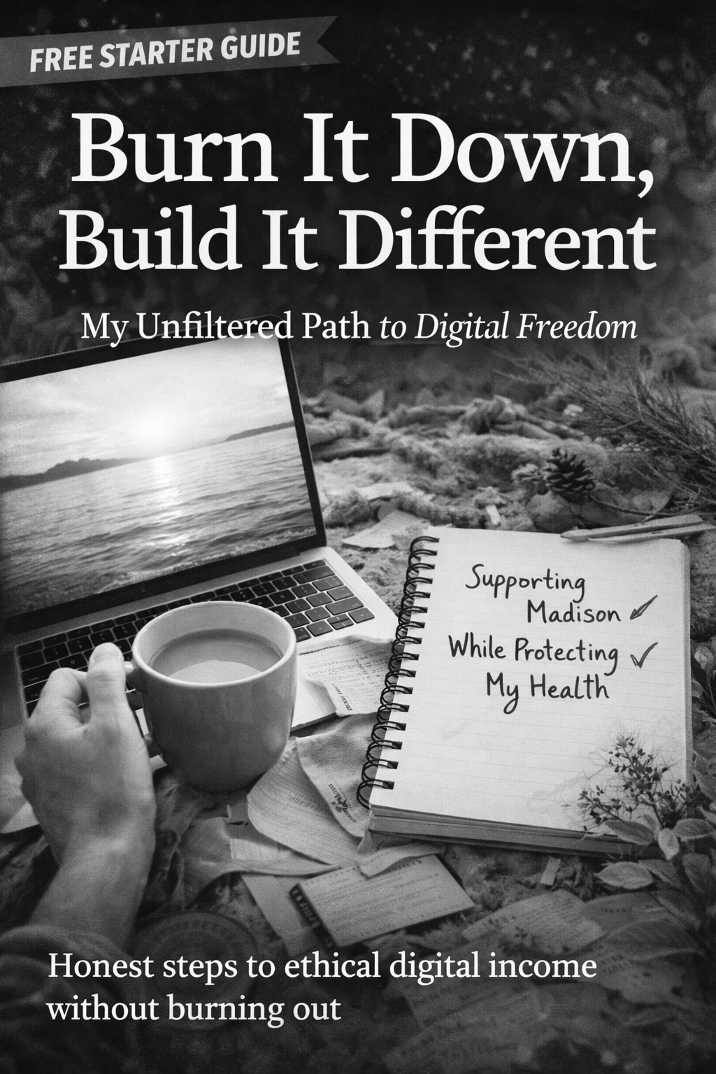 A book cover titled 'Burn It Down, Build It Different' with a subtitle 'My Unfiltered Path to Digital Freedom.' The cover features a black-and-white photo of a person's hand holding a mug of coffee, a laptop showing a scenic landscape, a spiral notebook with handwritten notes, scattered papers, and some foliage on the ground.
