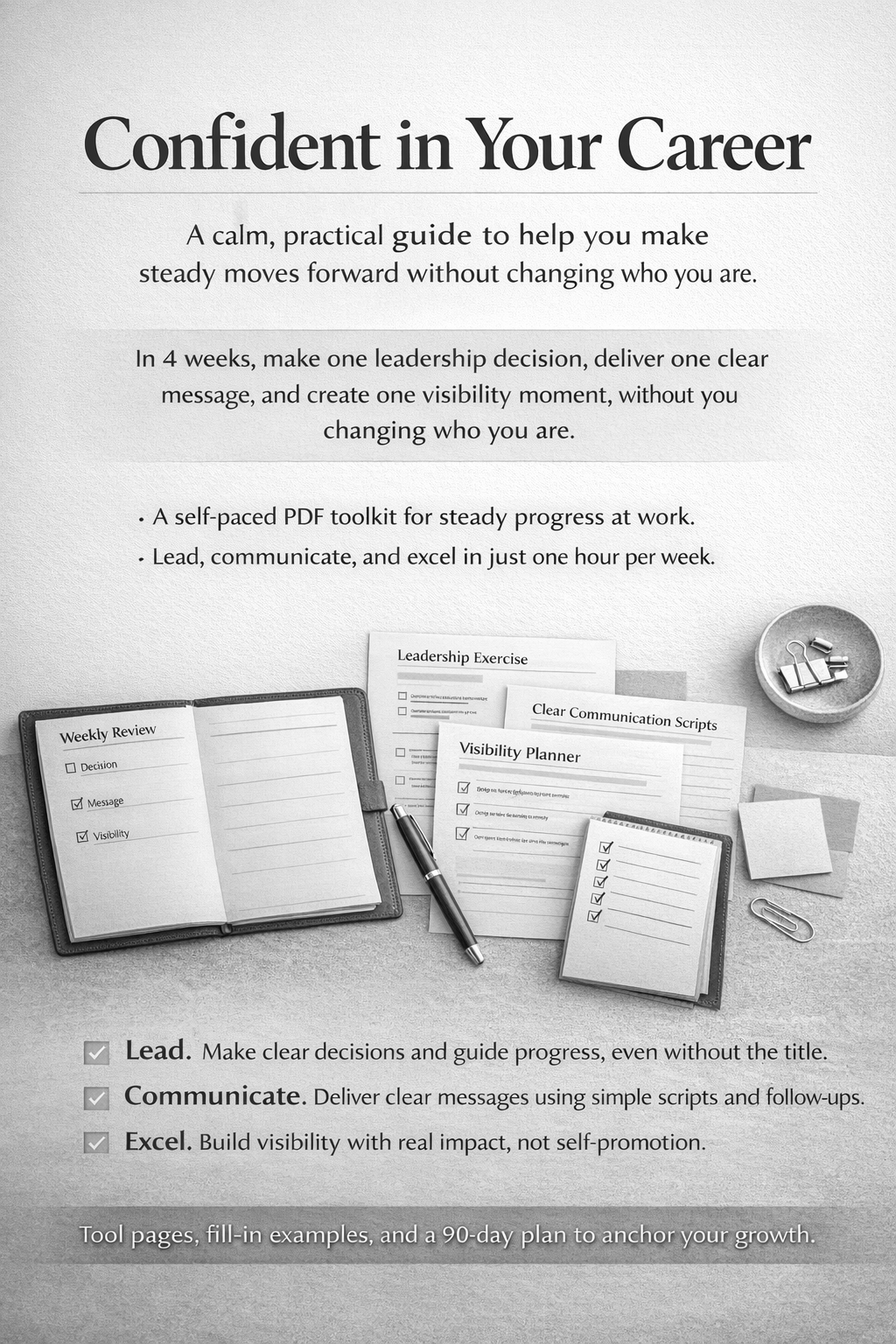 A motivational guide titled 'Confident in Your Career' with PDFs, checklists, and office supplies on a desk, emphasizing leadership, communication, and visibility.