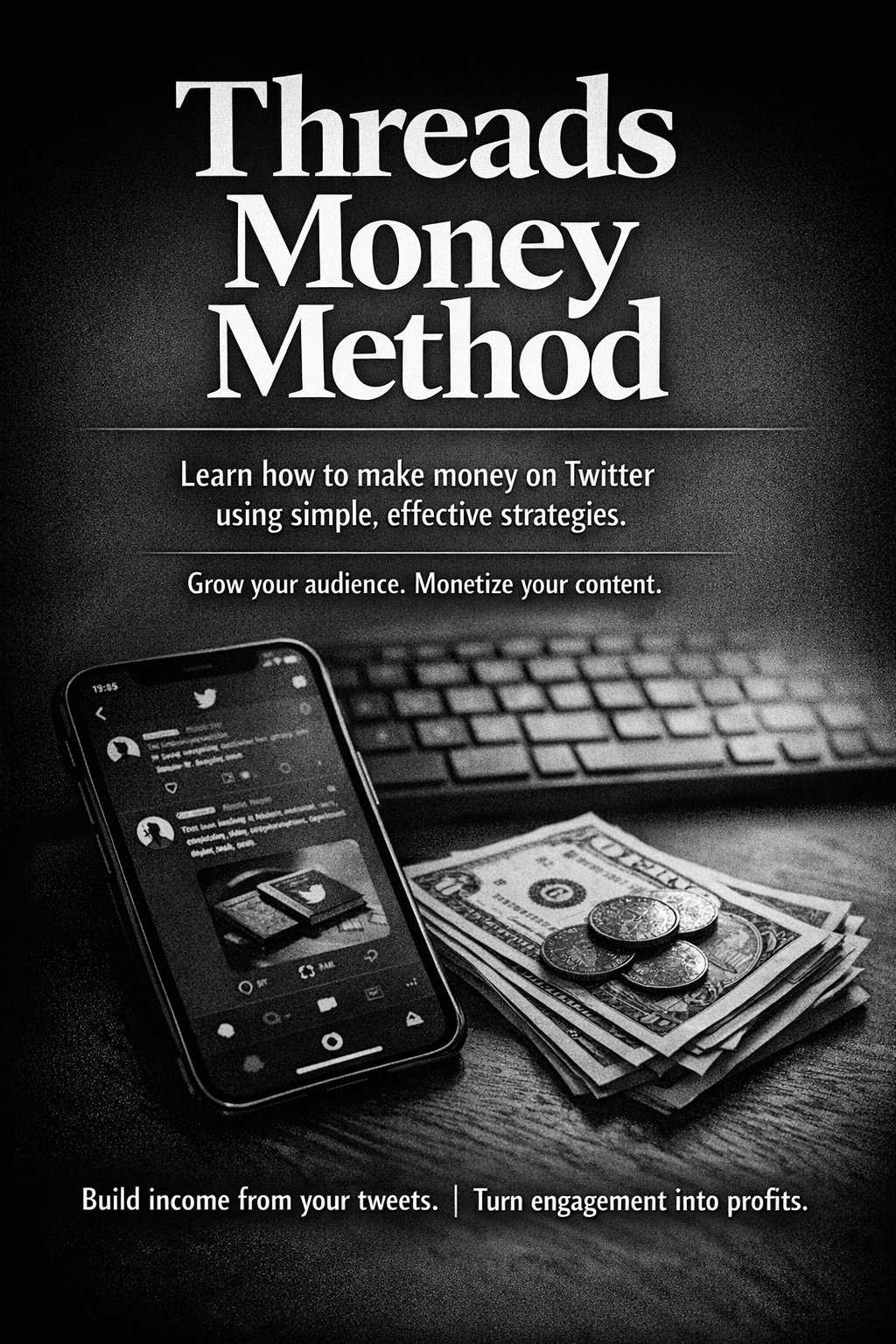 Black and white promotional poster for Twitter money-making strategies, featuring a smartphone displaying Twitter, a stack of dollar bills with coins, and a keyboard, with text about monetizing content and audience engagement.