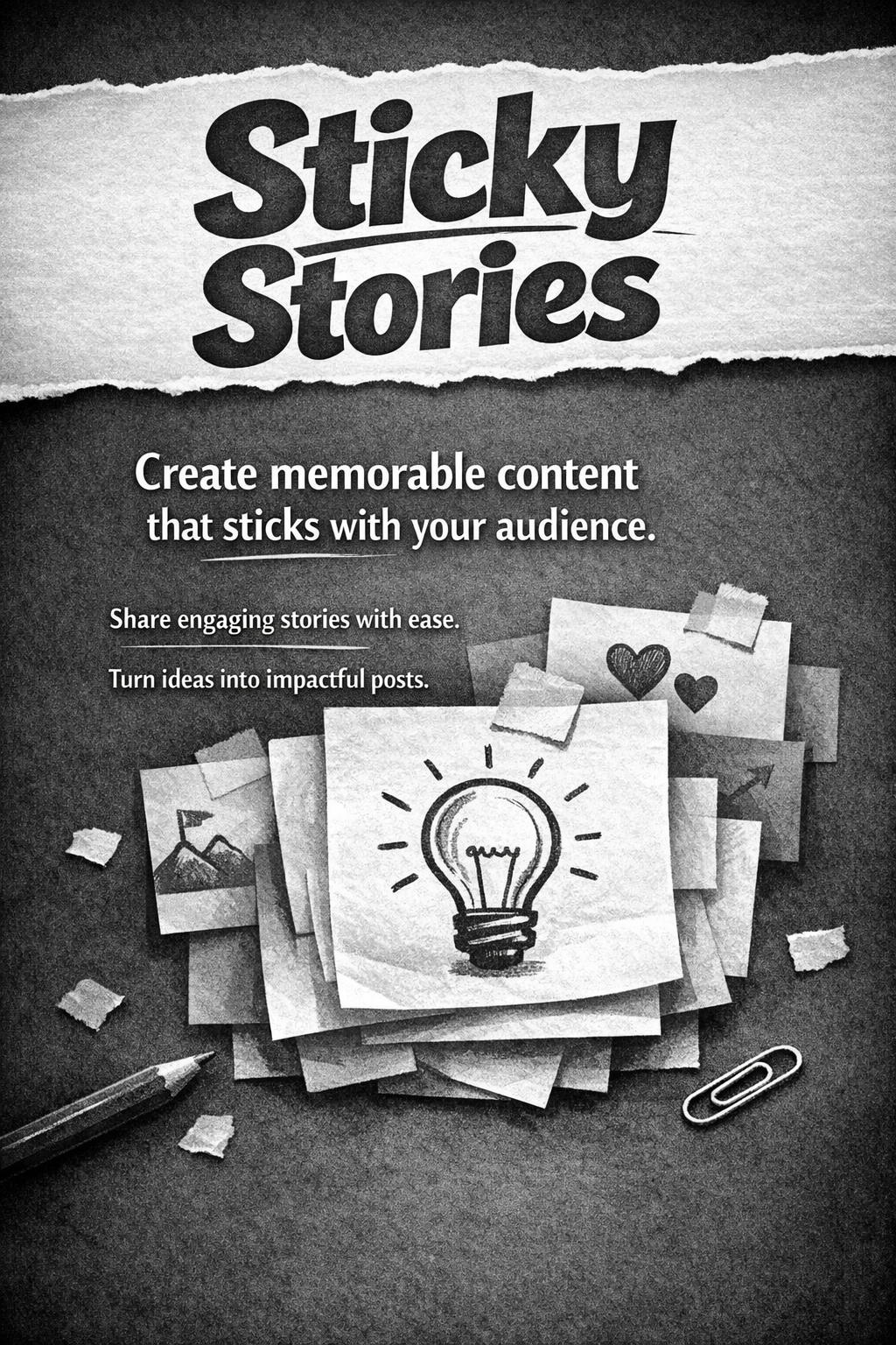 Black and white image displaying the words 'Sticky Stories' in large, bold text at the top. Below, smaller text encourages creating memorable content that sticks with the audience, with additional phrases about sharing stories easily and turning ideas into impactful posts. The background features scattered paper notes and sketches, including a drawing of a lightbulb marked 'genius,' along with a pencil, paper clips, and torn paper edges.