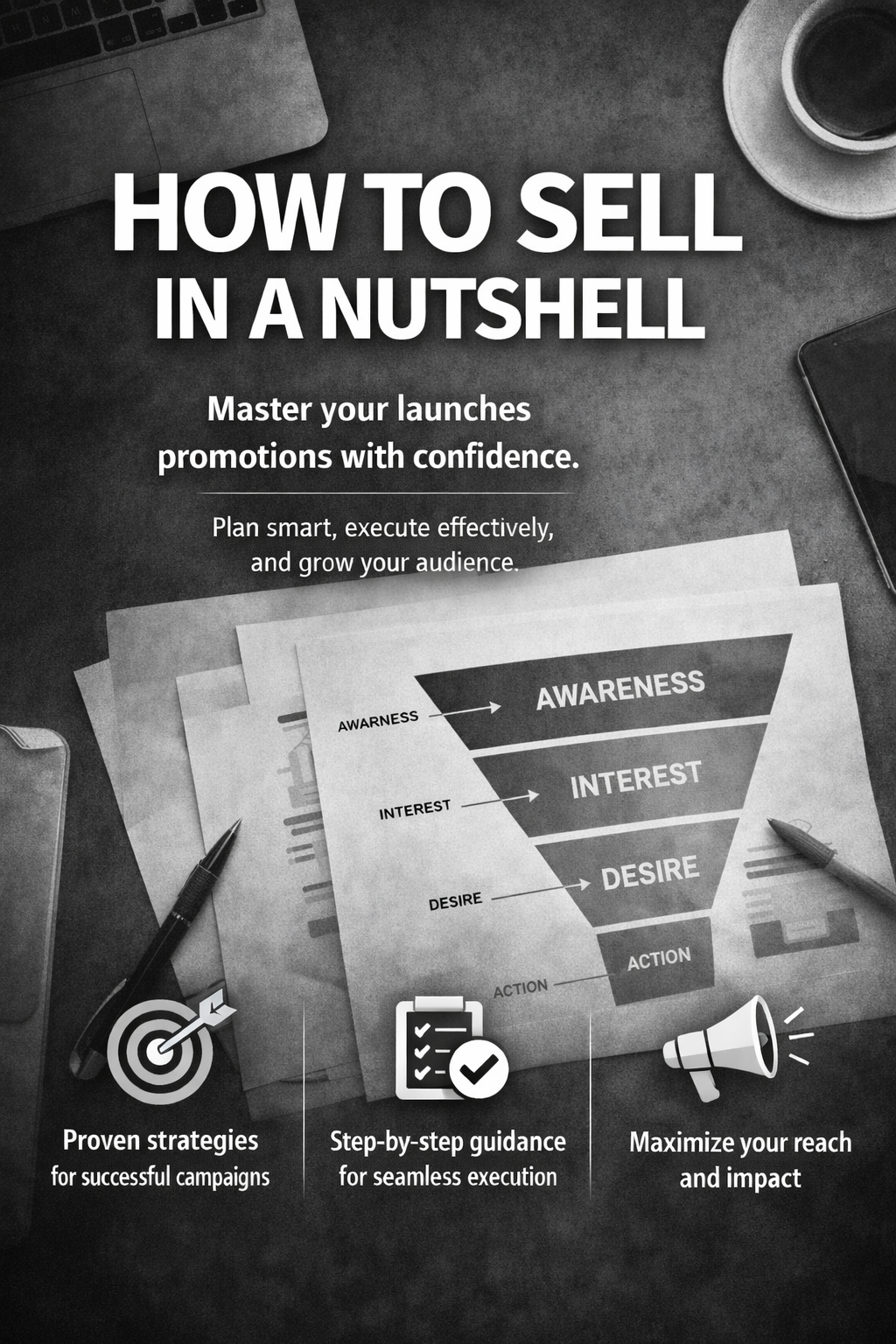 Cover page titled "How to Sell in a Nutshell" with a marketing funnel diagram showing stages: Awareness, Interest, Desire, Action, set on a desk with a laptop, coffee, pen, smartphone, and icons for targeting, guidance, and outreach.