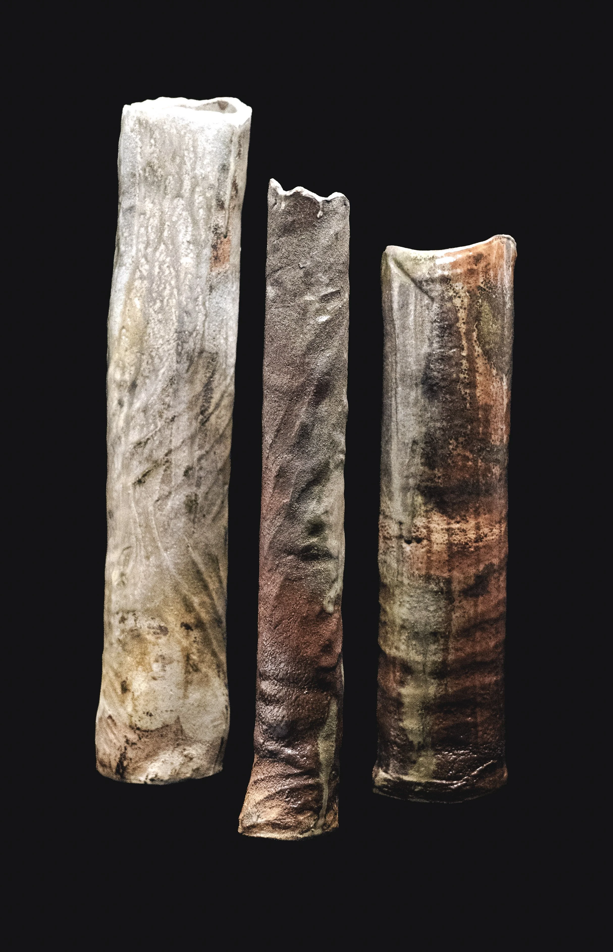 Three texture wood-fire stoneware. Natural ash glaze, Shino and Ash glaze.