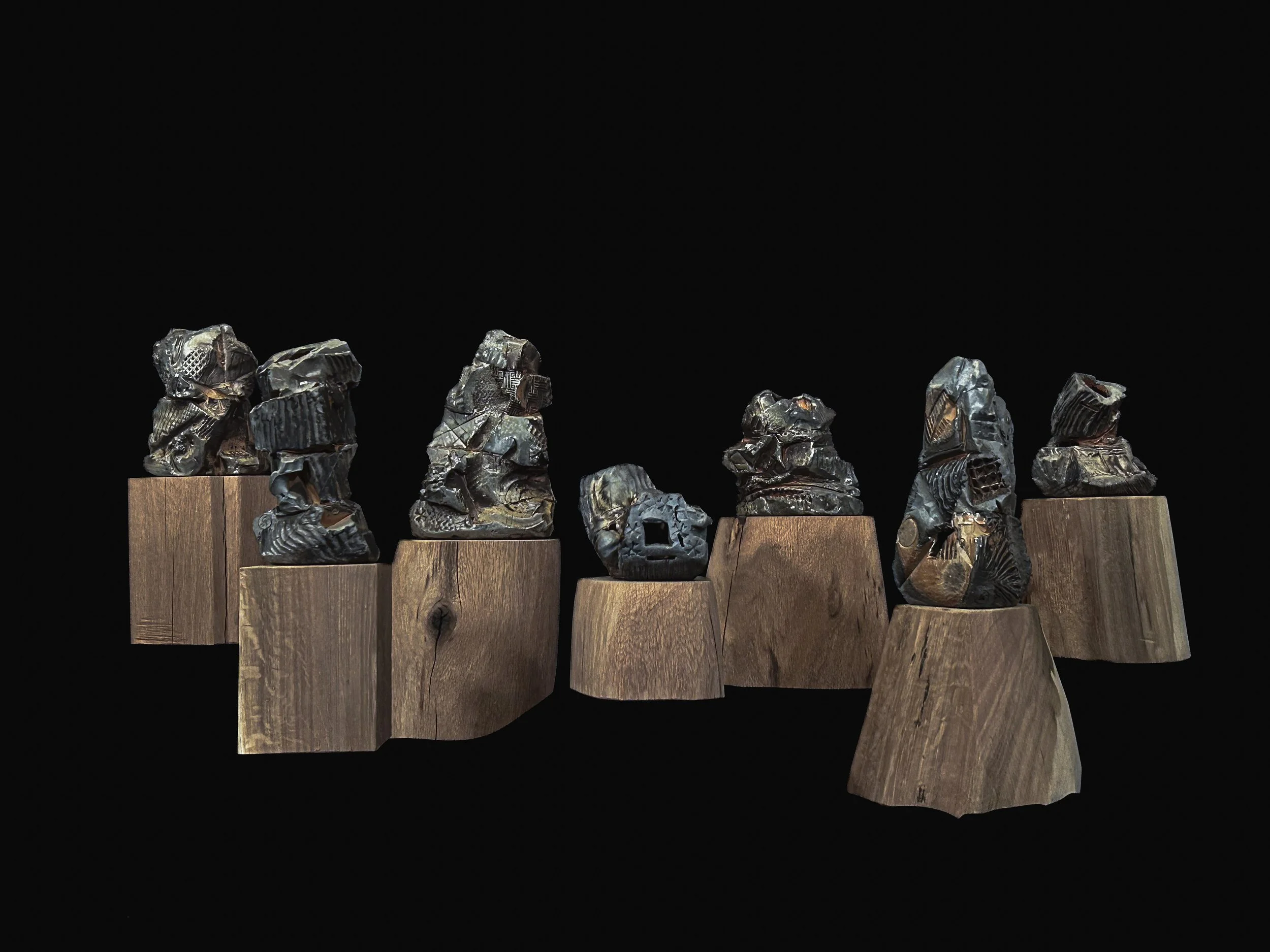 FAMILY 7 WITHIN SERIES - Porcelain unglazed wood-fired pieces with white oak wooden plinths