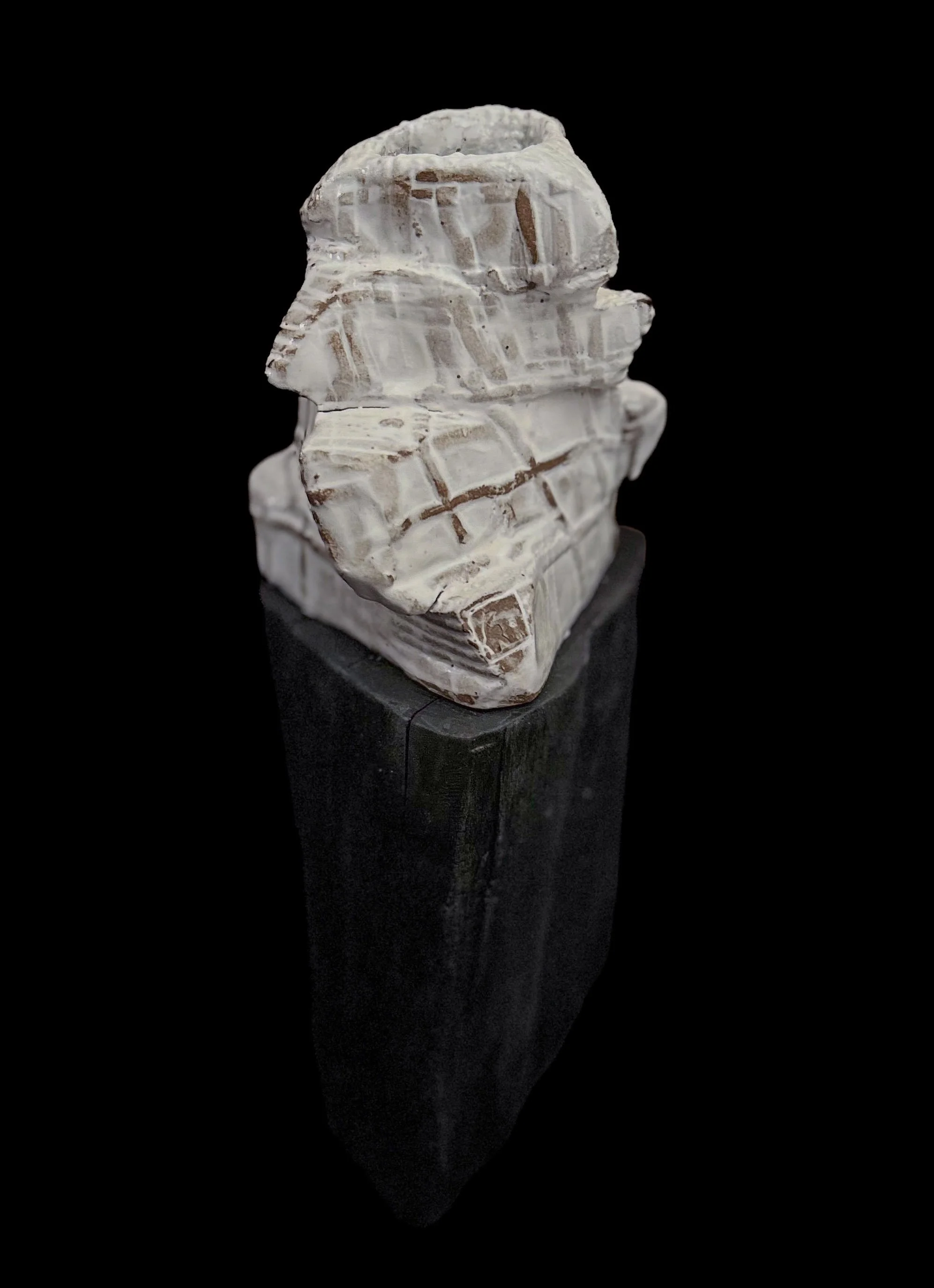 TRIANGULAR CITY - A white glazed stoneware. White oak shou sugi ban piece as a plinth.
