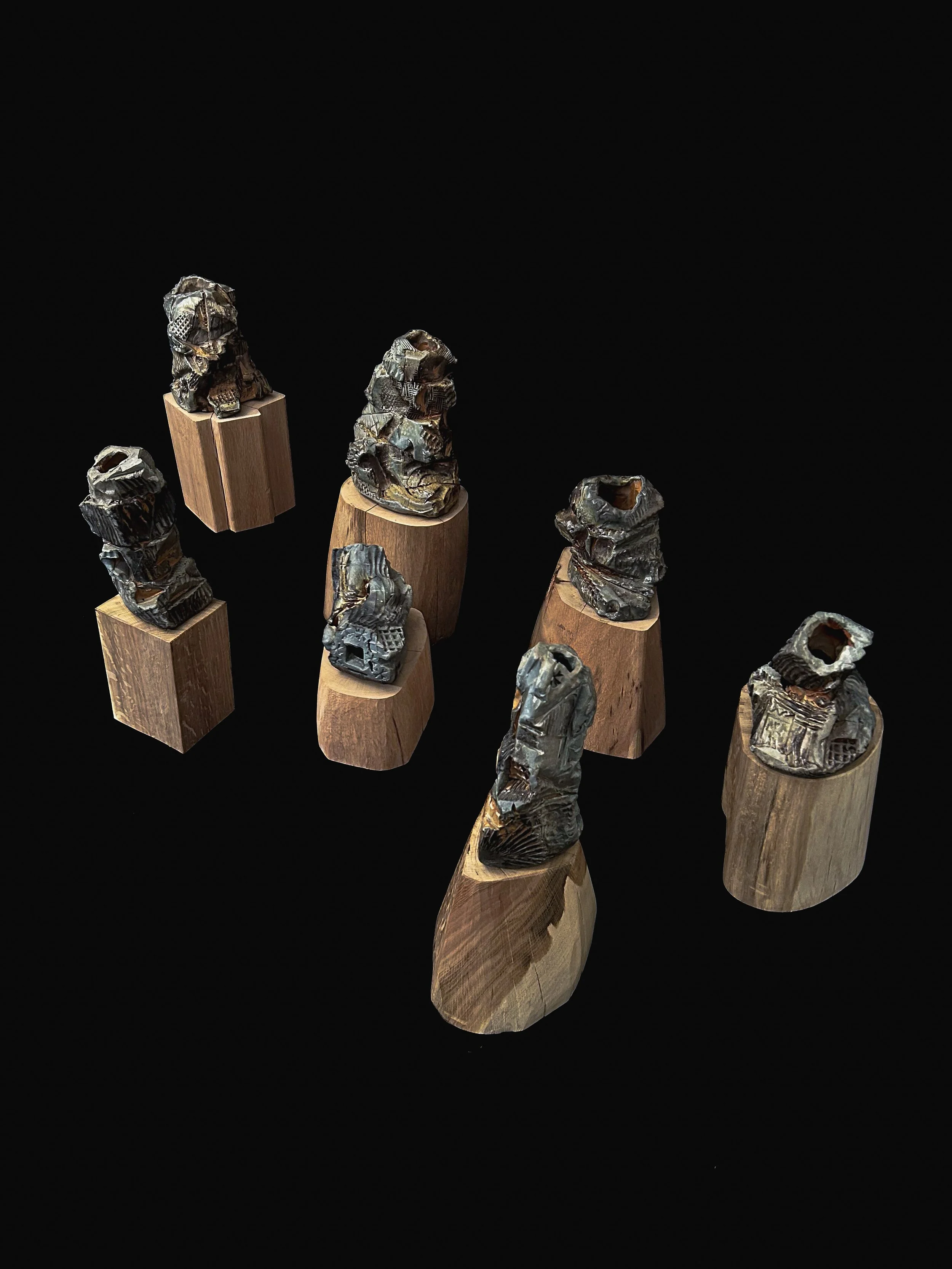 FAMILY 7 WITHIN SERIES - Porcelain unglazed wood-fired pieces with white oak wooden plinths