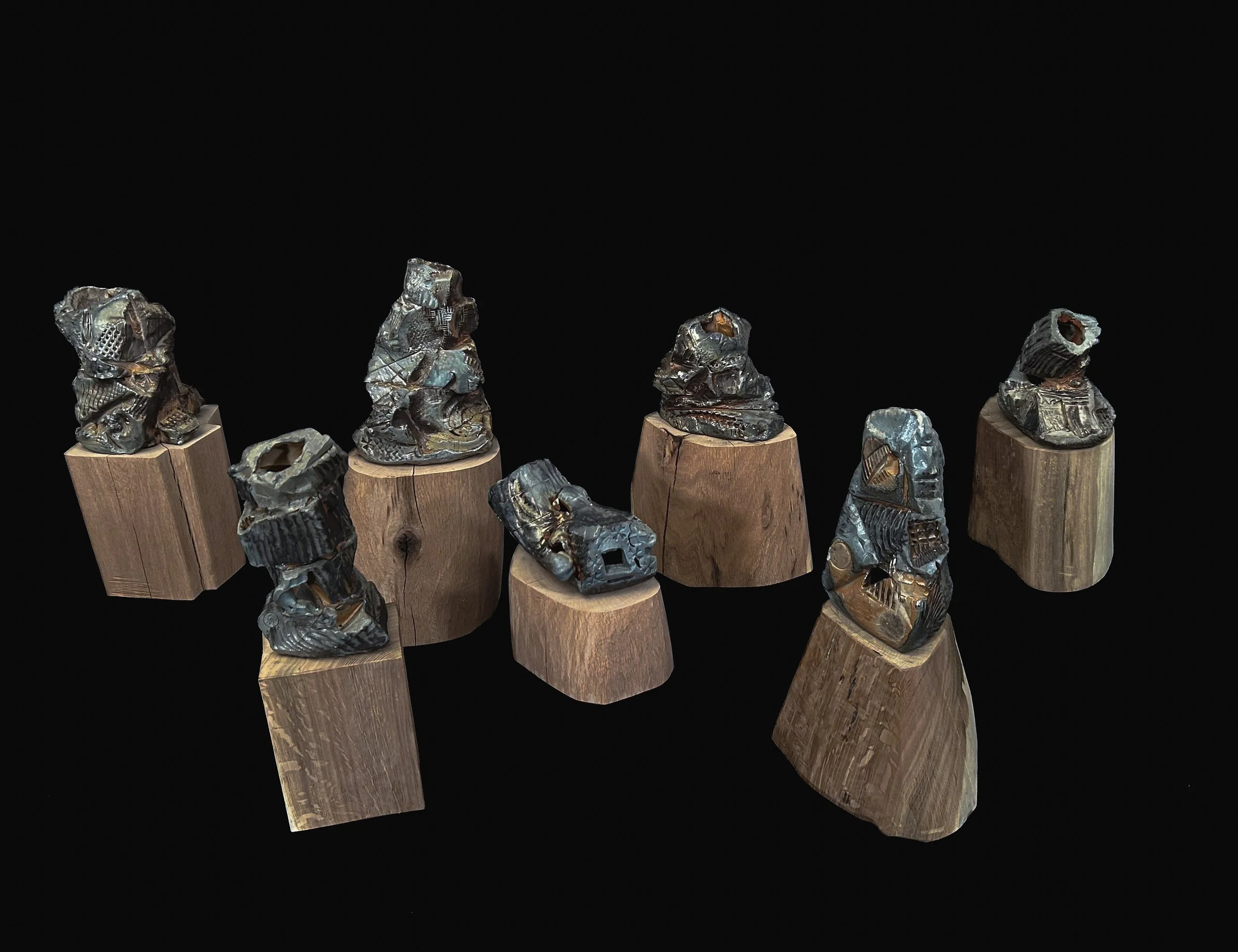 FAMILY 7 WITHIN SERIES - Porcelain unglazed wood-fired pieces with white oak wooden plinths