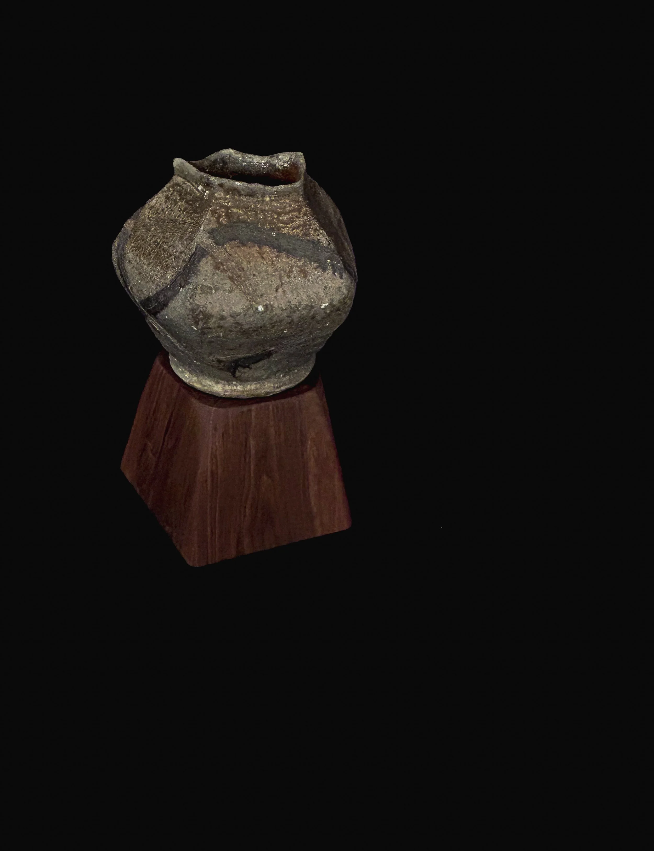 Wood-fired Pentajar with black oxide decoration and Black Walnut wooden pentagonal plinth