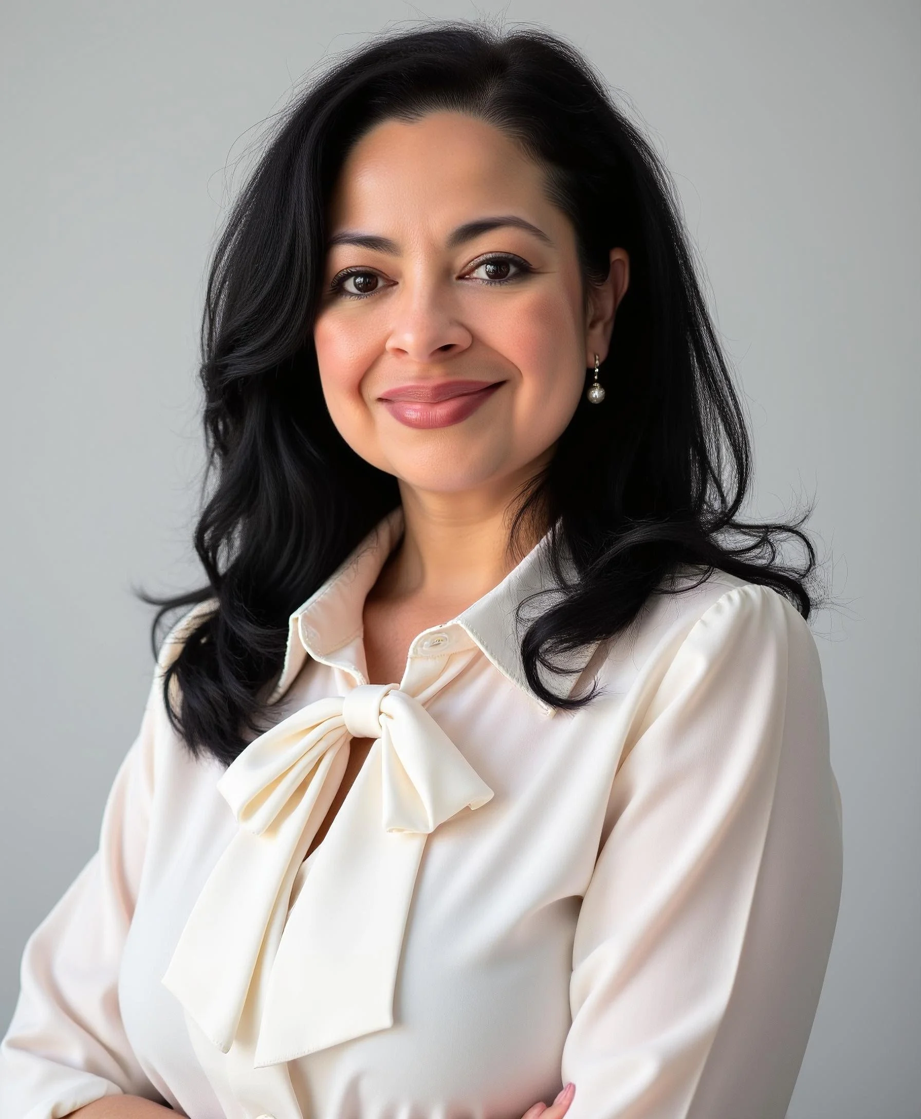 A woman with long black hair, wearing a cream-colored blouse with a bow, smiling at the camera.