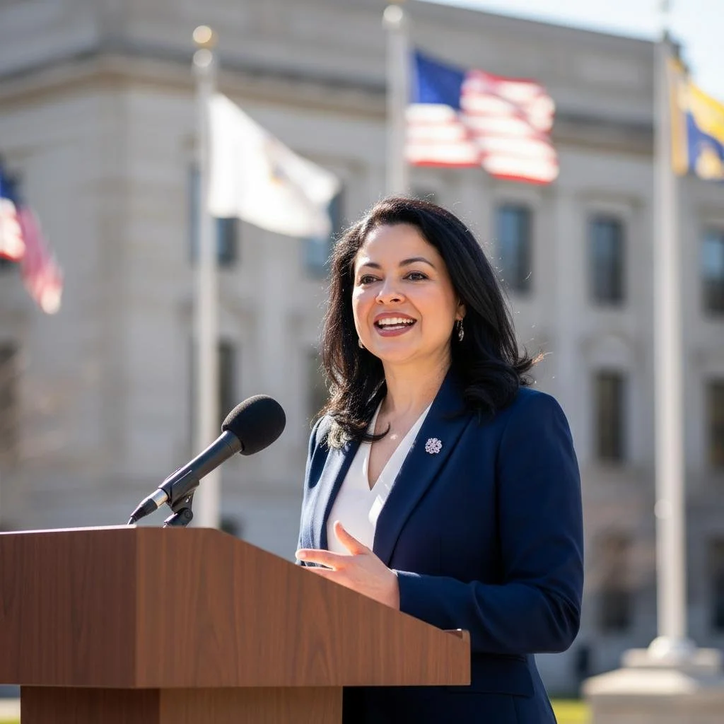 A woman speaking at a podium outdoors with American flags in the background.