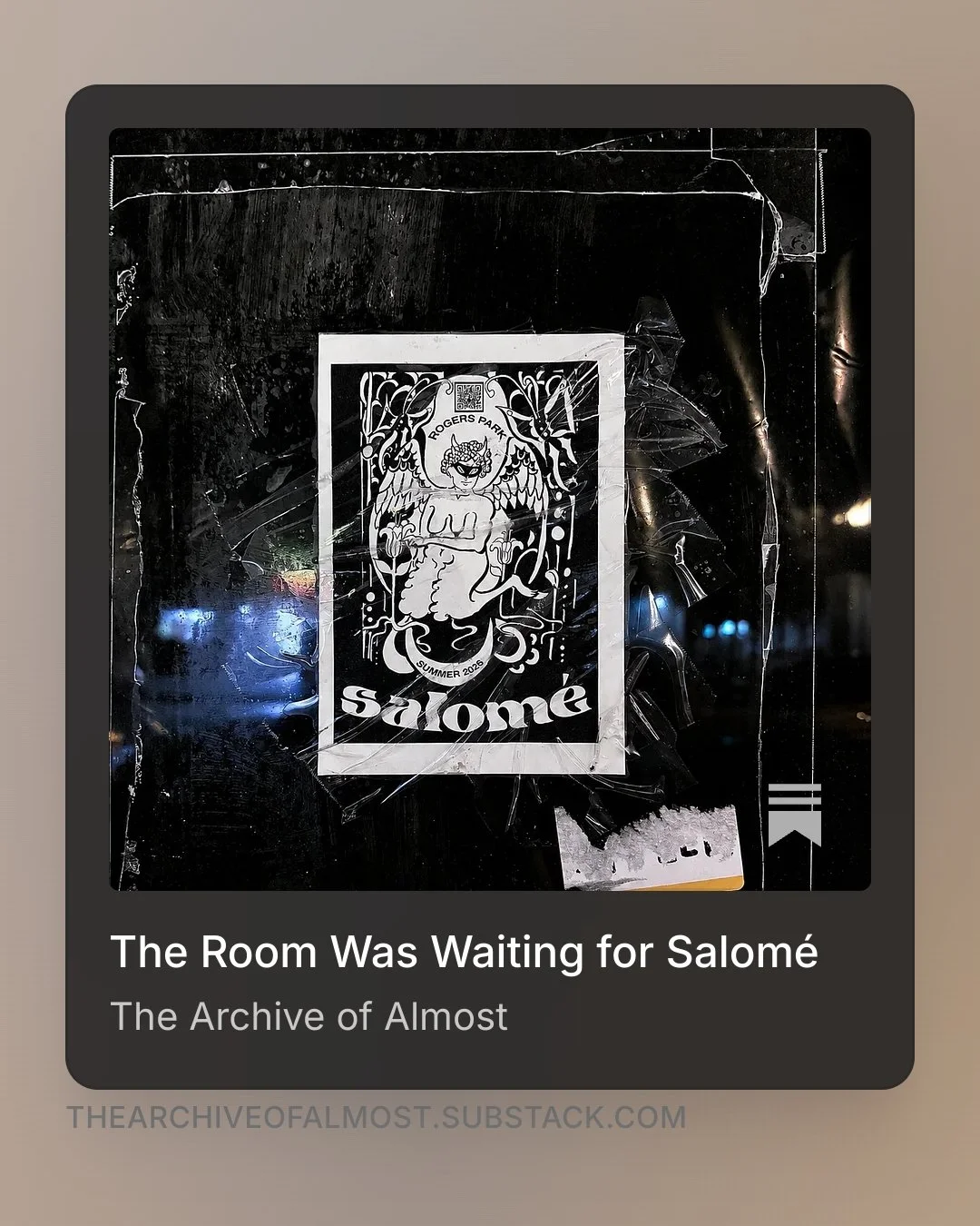 A sticker on a window for the show Salome, and attached is a review of Oscar Wilde’s Salomé at the United Church of Rogers Park, featuring Zoë Rutherford in a striking, intimate Chicago production.