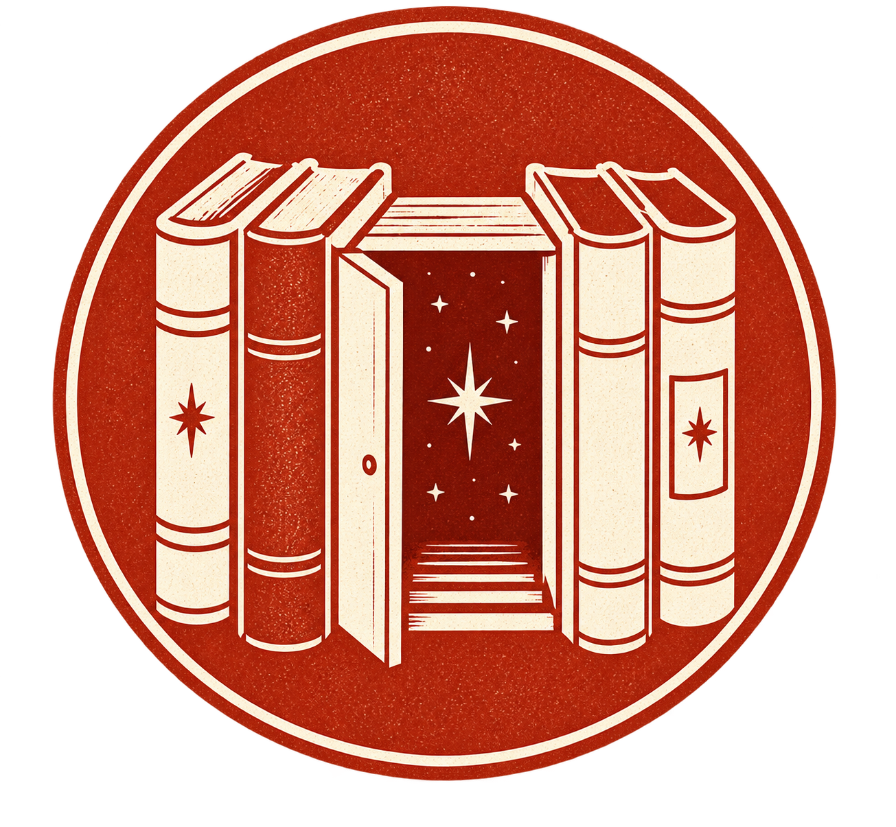 A round seal with several books standing upright, and a central open door revealing a starry space scene inside.