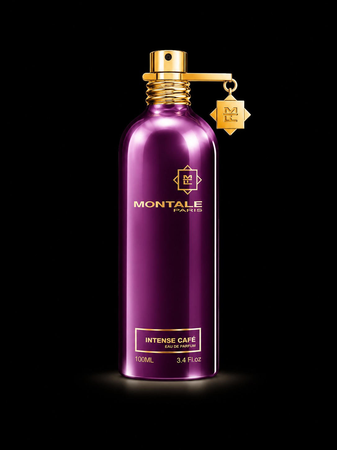 Flacon de parfum violet avec capuchon or, étiquette 'Intense Café' de Montale Paris, fond noir, parfum de 100 ml.