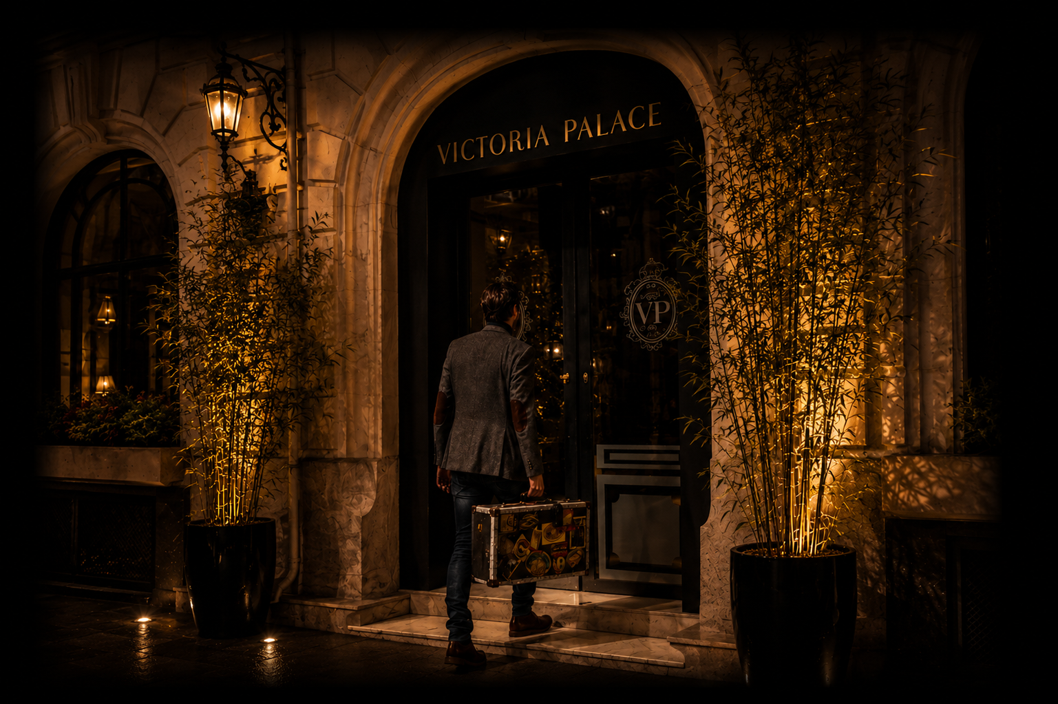 Un homme avec une valise, entrant dans un bâtiment intitulé Victoria Palace, la nuit, orné de lumières chaudes et de plantes en pot.