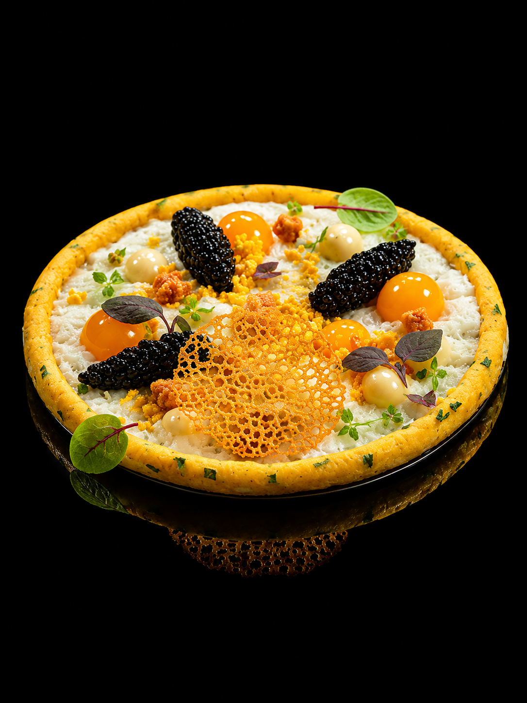 Une tarte salée décorée avec des œufs de caille, des tranches de morue noire, des feuilles de basilic, une large dentelle de fromage ou de pomme de terre, et des herbes fraîches.