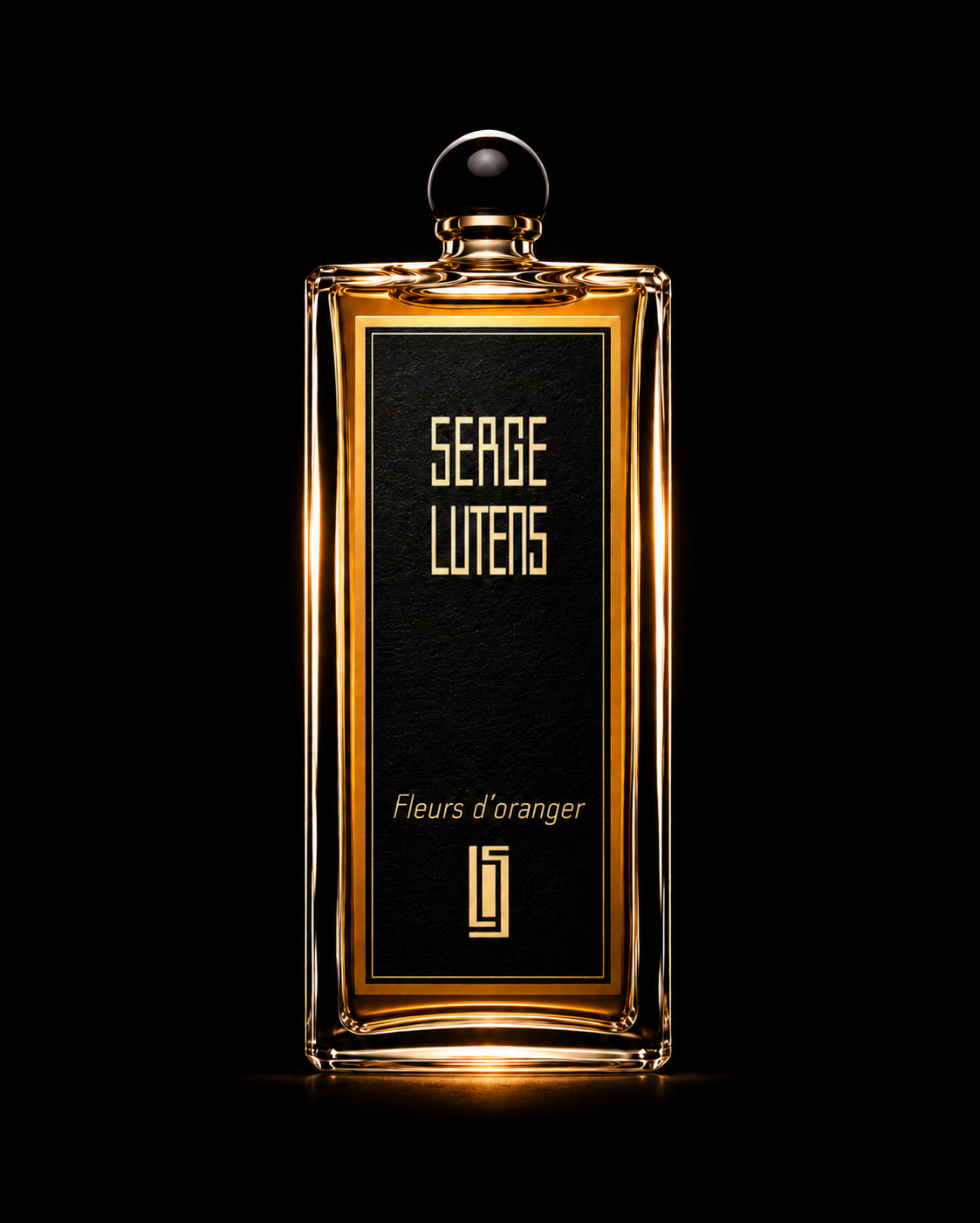 Une bouteille de parfum noir et or portant l'étiquette "SEIGNE LUTENS" avec la description "Fleurs d'oranger" sur un fond noir