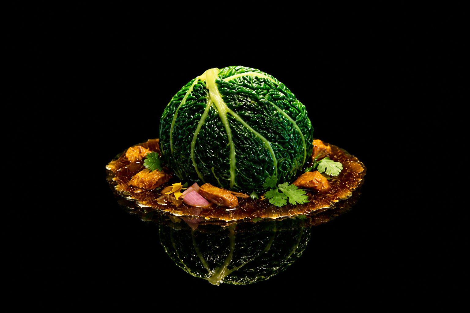 Gros plan d'un plat de légumes, avec un chou vert placé au centre, entouré d'une sauce brune, de morceaux de viande, de coriandre et d'oignons, sur un fond noir.