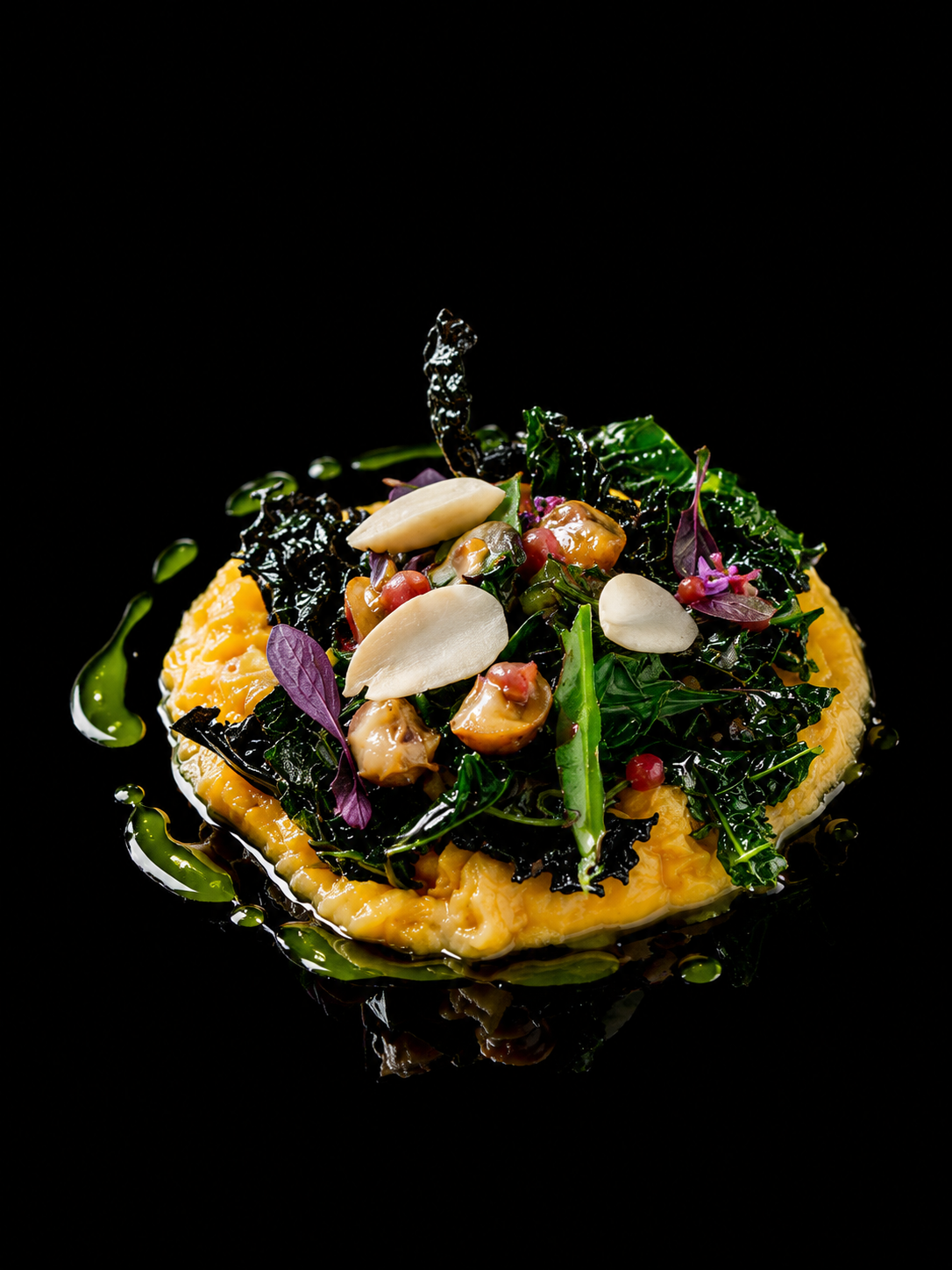 Assiette de cuisine gourmet avec purée orange, salade verte, légumes verts, champignons, graines, et garniture d'herbes, présentée sur un fond noir.
