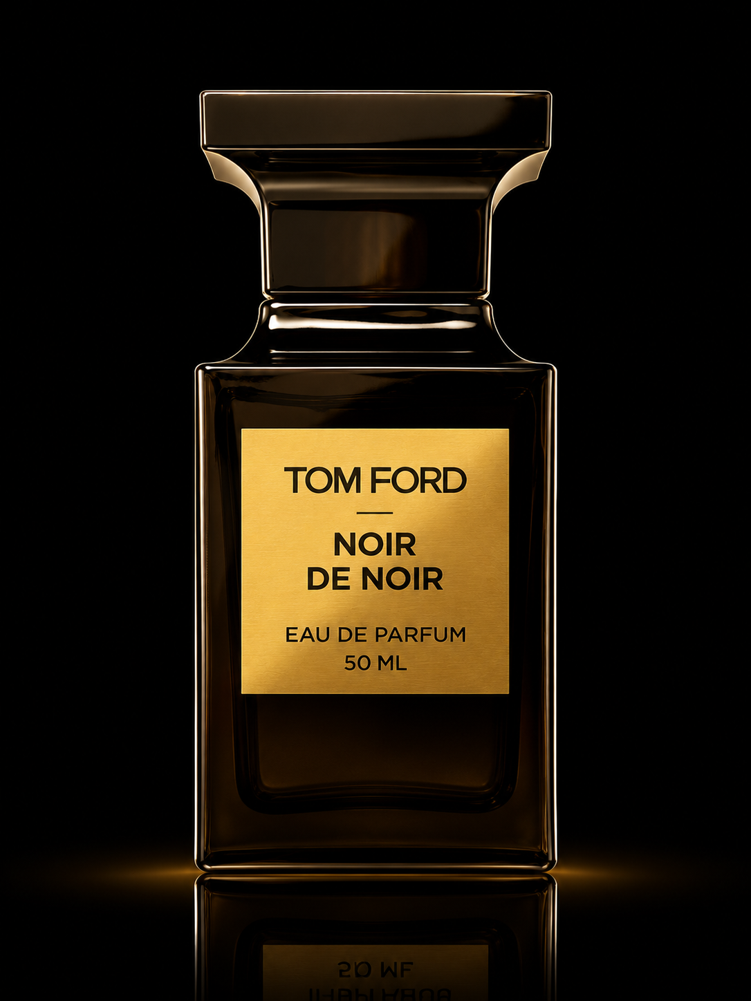Flacon de parfum Tom Ford Noir de Noir avec une étiquette dorée sur fond noir.