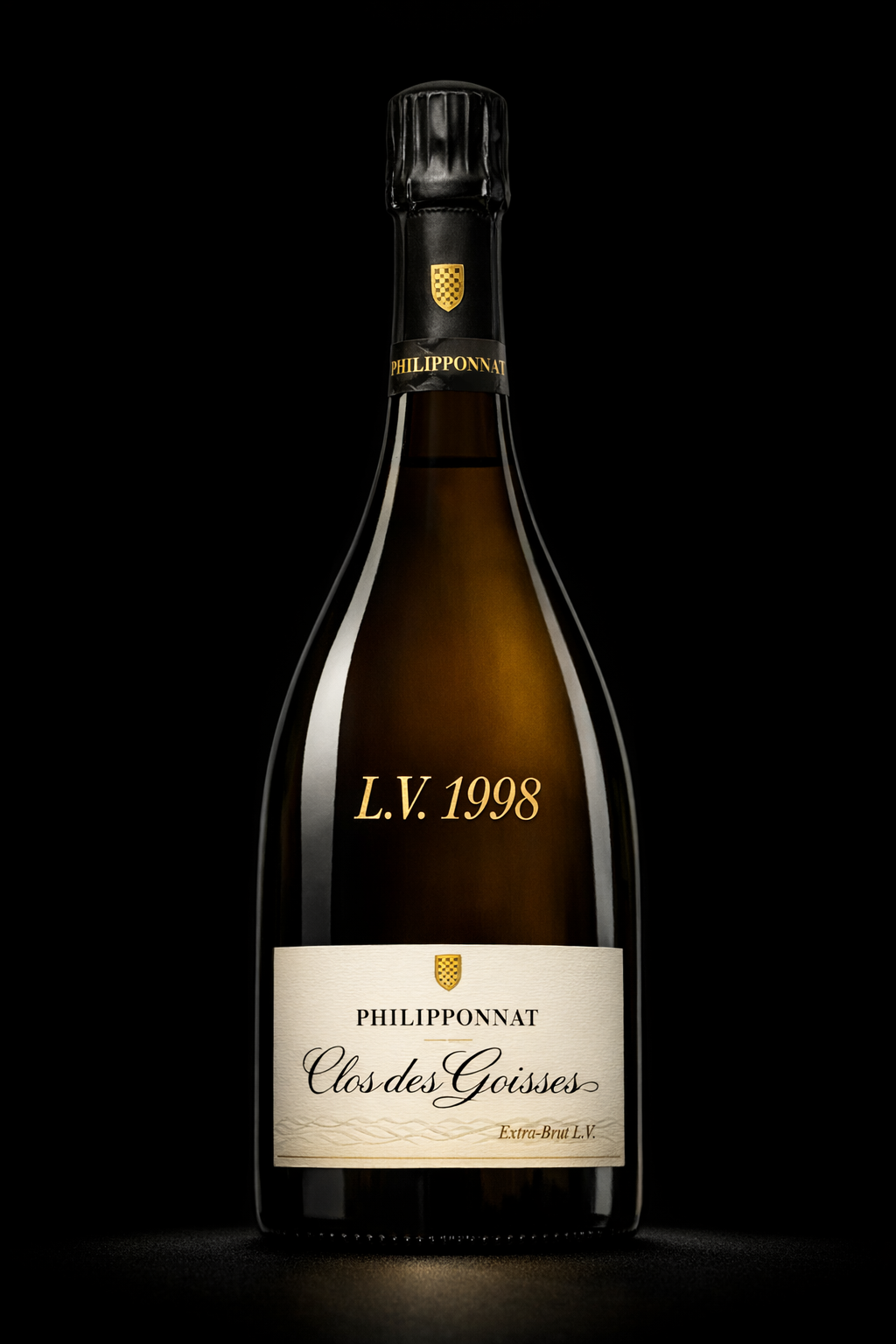 Bouteille de champagne Philippe Ponnat Clos des Goisses, vintage 1998, sous une lumière douce sur fond noir