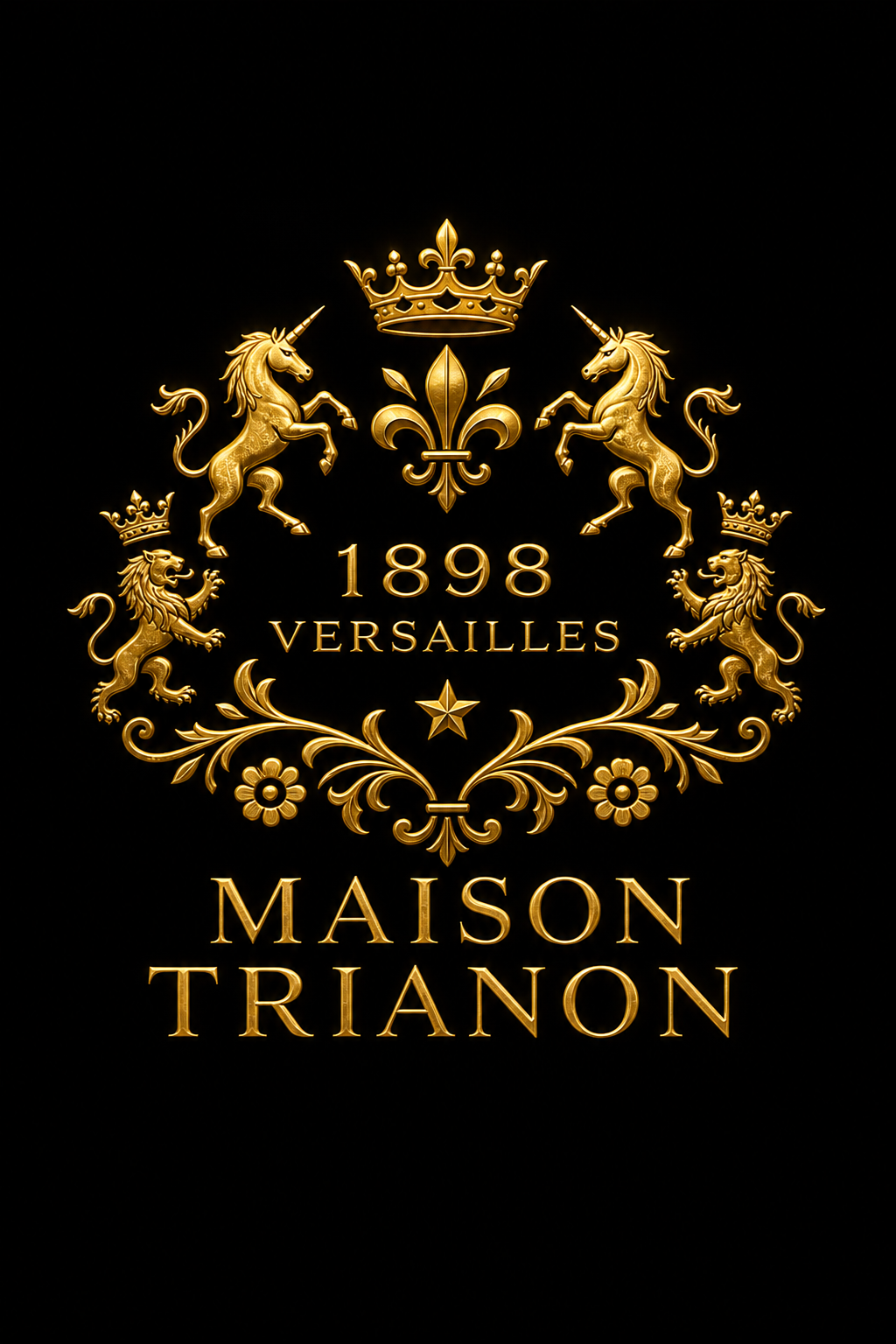 Logo doré avec un pavois, des lions et des licornes, avec la date 1898, le nom Versailles, et le texte Maison Trianon.