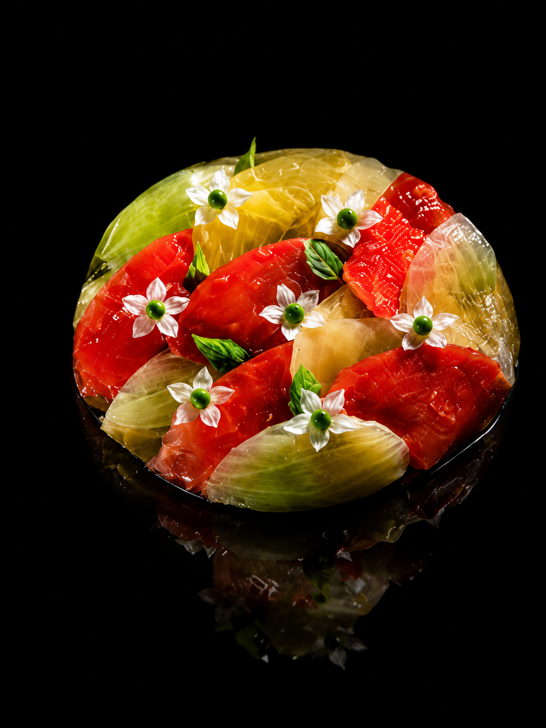 Une composition artistique de tranches de pommes, de tomates et de fleurs en forme de star avec des feuilles vertes sur un fond noir