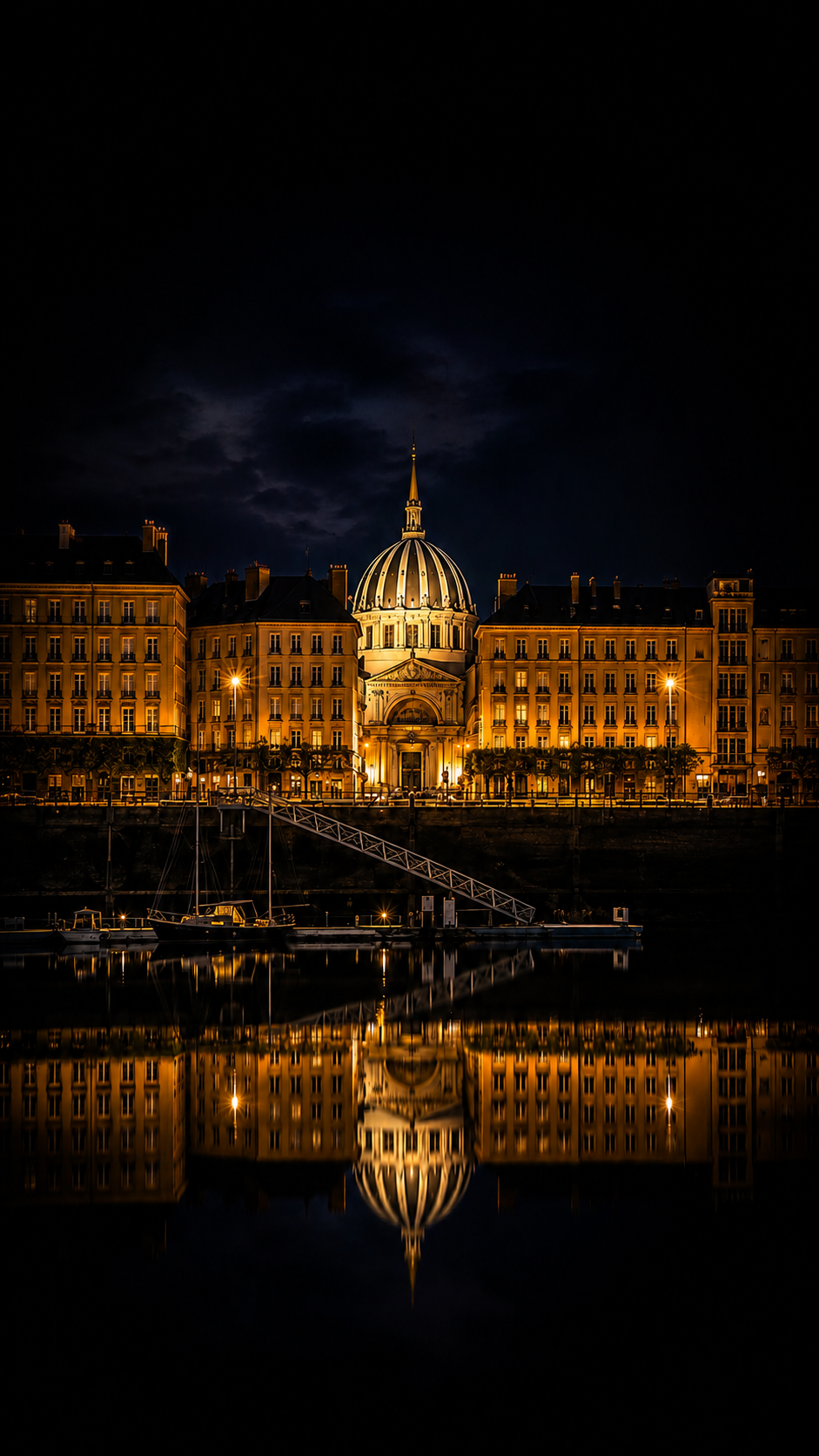 Ville éclairée la nuit avec un bâtiment historique à dôme et ses reflets dans l'eau.