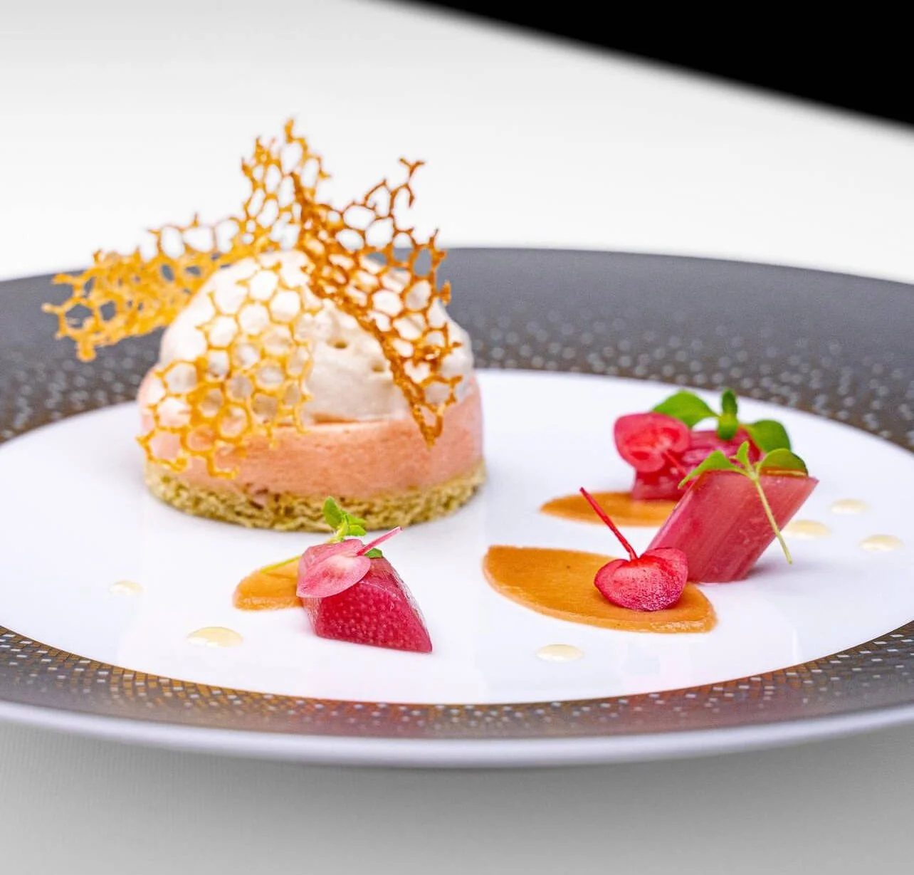 Dessert élégant avec mousse, fruits rouges et décoration croquante, présenté sur une assiette blanche avec bord noir.