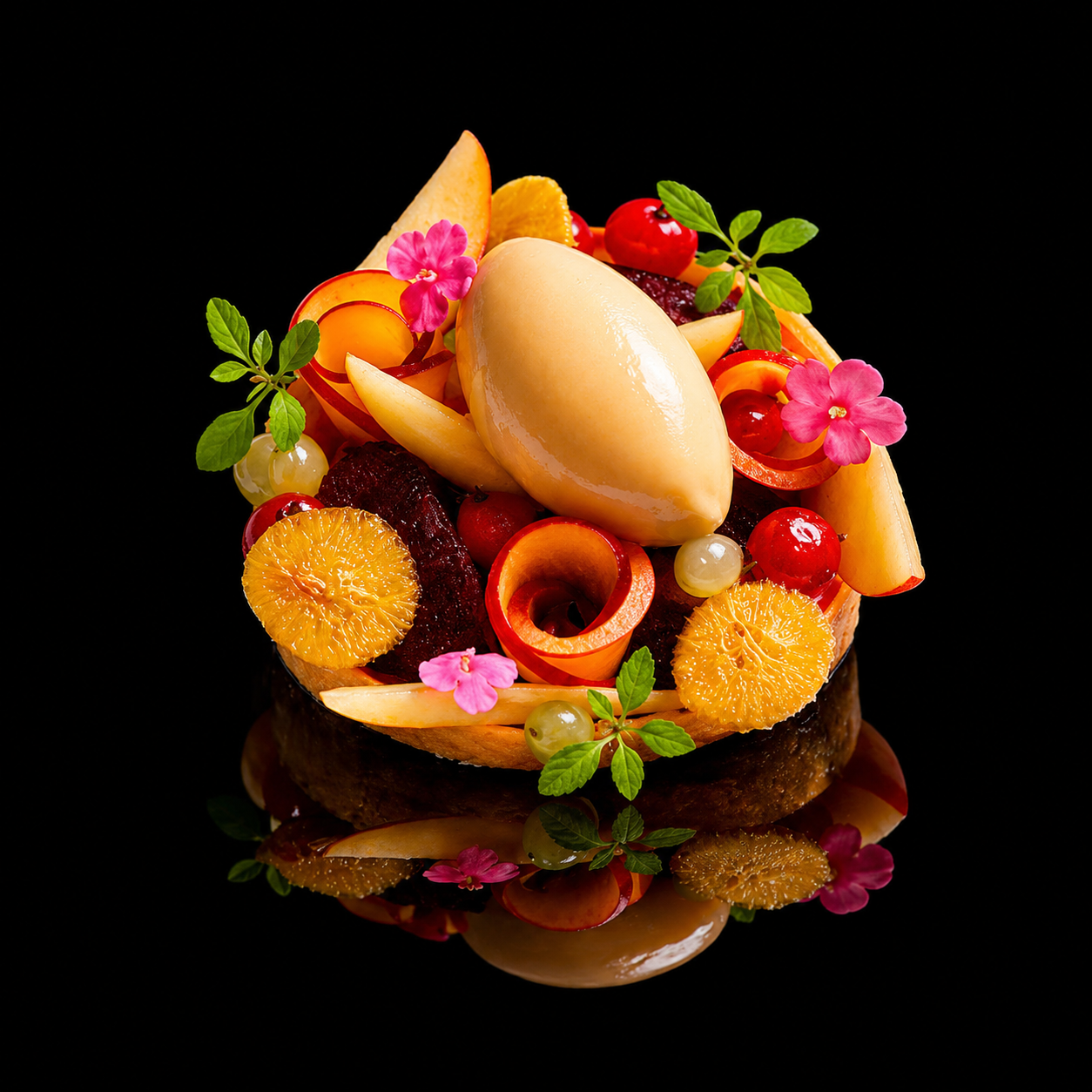 Gâteau ou dessert avec des tranches d'agrumes, fruits variés, fleurs roses et feuilles vertes sur un fond noir.