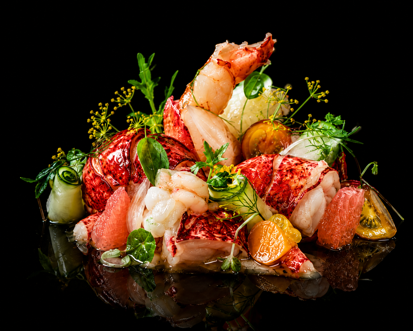 Assortiment de fruits de mer avec des légumes et des herbes fraîches dans une présentation sophistiquée.