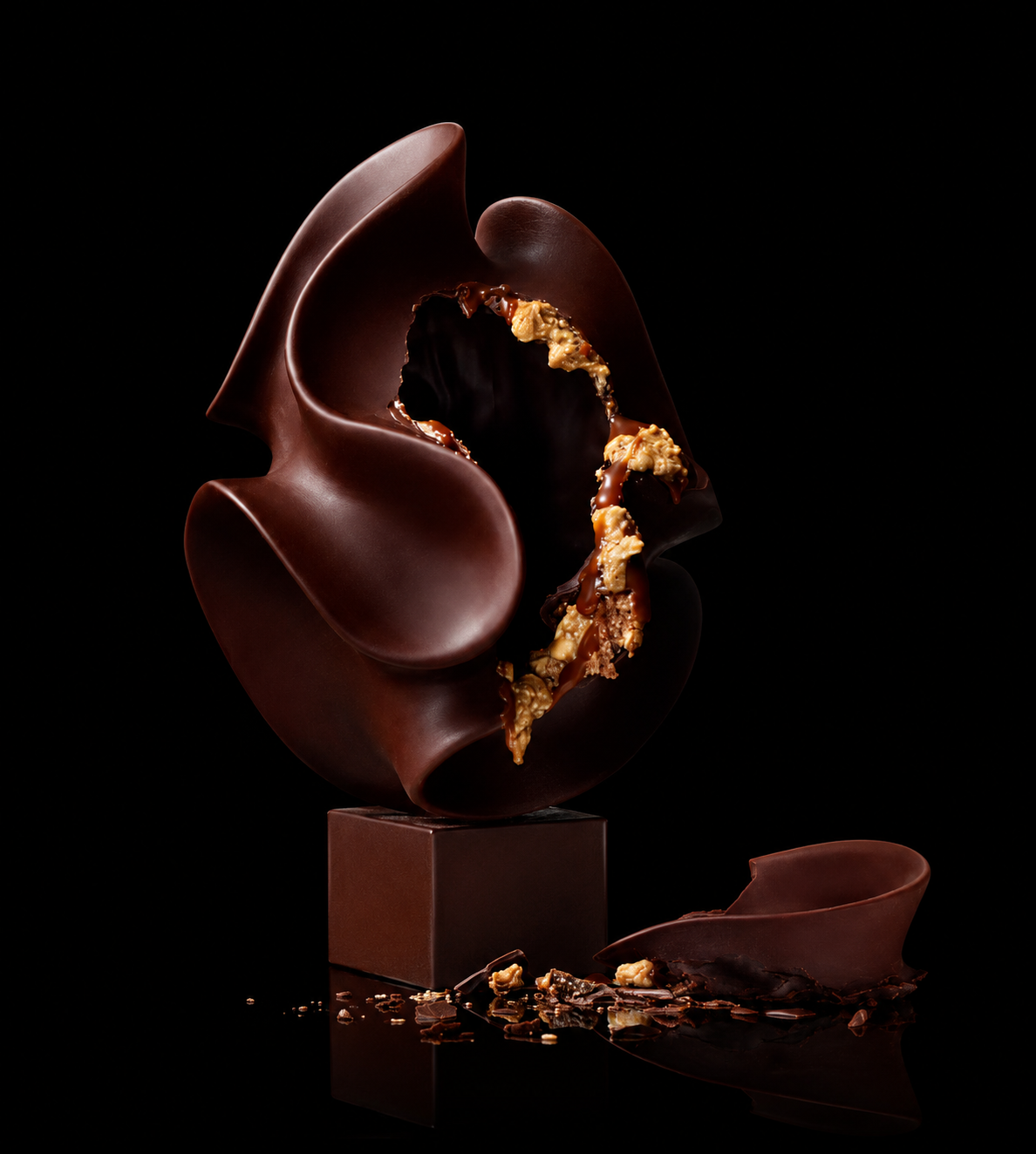 Sculpture de chocolat en forme de sphère cassée, avec des éclats de chocolat et des noix à l'intérieur, sur un fond noir.
