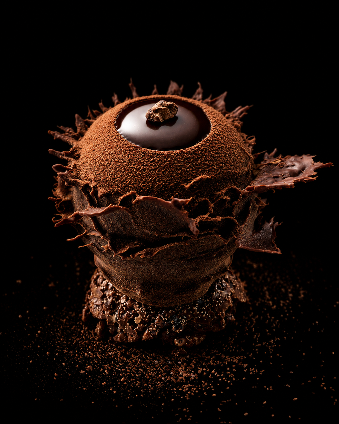 Une création artistique en chocolat ressemblant à un œil, avec une surface texturée en cacao, un centre en chocolat glossy avec une petite pièce de chocolat en haut, entourée de morceaux de chocolat en forme de pétales sur un fond noir.