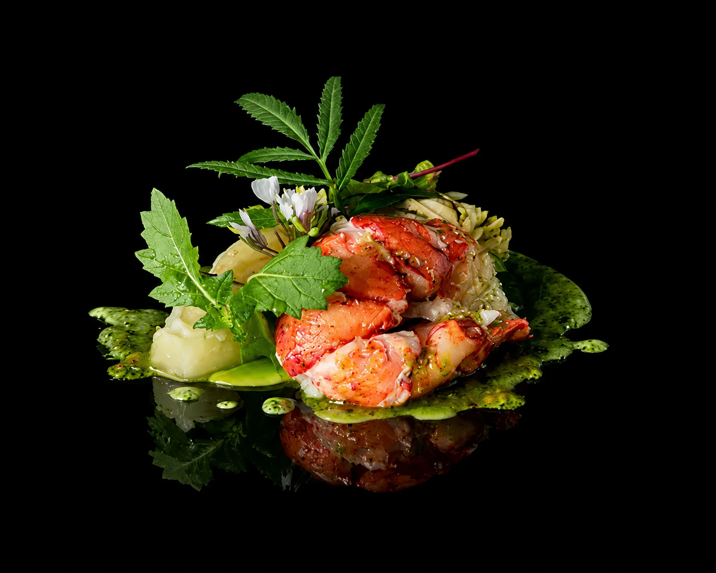 Assiette gourmande avec des légumes, de la crème, des feuilles vertes et des fleurs comestibles sur fond noir.