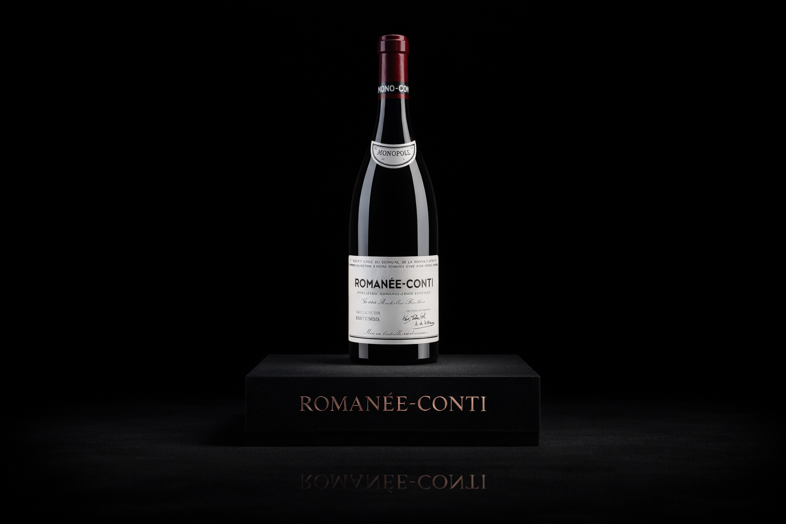 Une bouteille de vin rouge romain, nommée Romanée-Conti, placée sur une plateforme noire avec le nom inscrit. Fond noir.