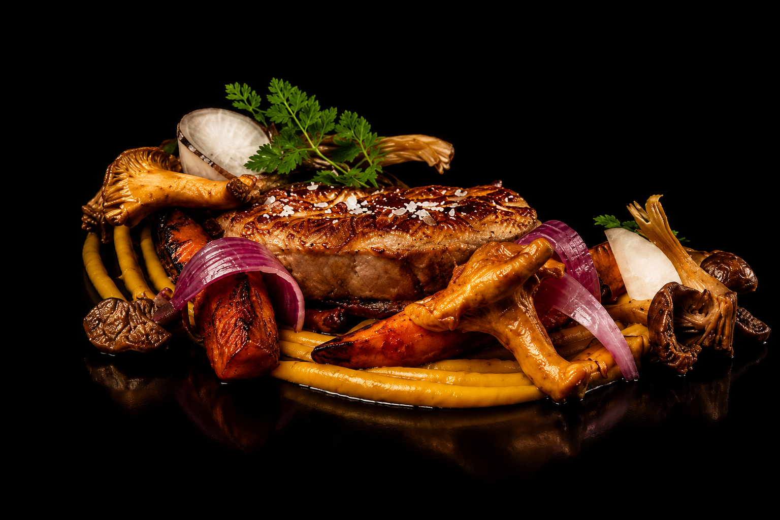 Filet de poisson grillé avec des champignons, des légumes racines, des oignons rouges, des câpres, des feuilles de persil, et des pâtes jaunes, sur fond noir.