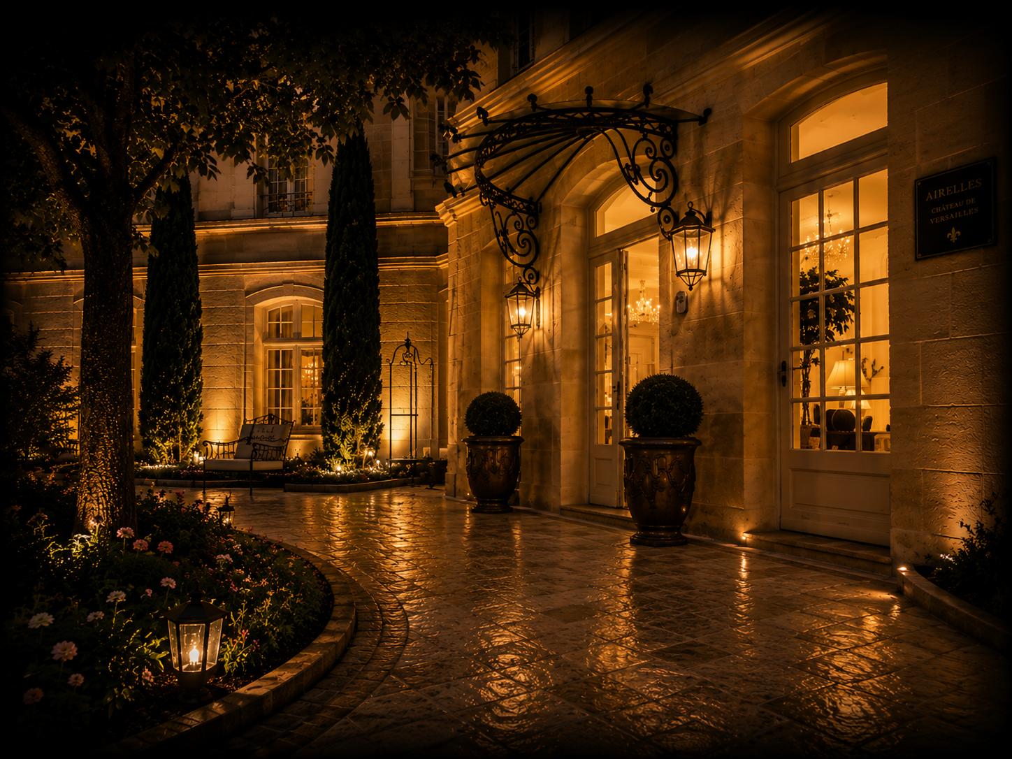 Façade élégante d'un bâtiment romantique éclairé par des lampes à l'extérieur, avec des fenêtres éclairées laissant deviner un intérieur décoré et chaleureux, entouré d'un jardin avec des lampions et une terrasse pavée.